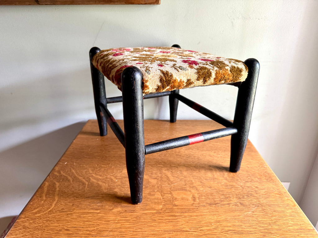 Antique Turned Wood Footstool With Floral Tapestry Top ~ Distressed Antique Wood Floral Footstool