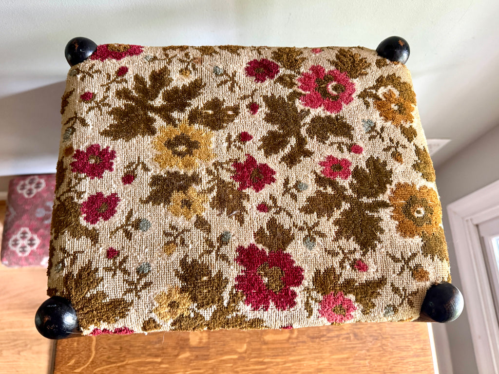 Antique Turned Wood Footstool With Floral Tapestry Top ~ Distressed Antique Wood Floral Footstool