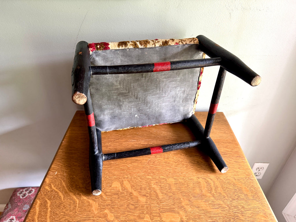 Antique Turned Wood Footstool With Floral Tapestry Top ~ Distressed Antique Wood Floral Footstool