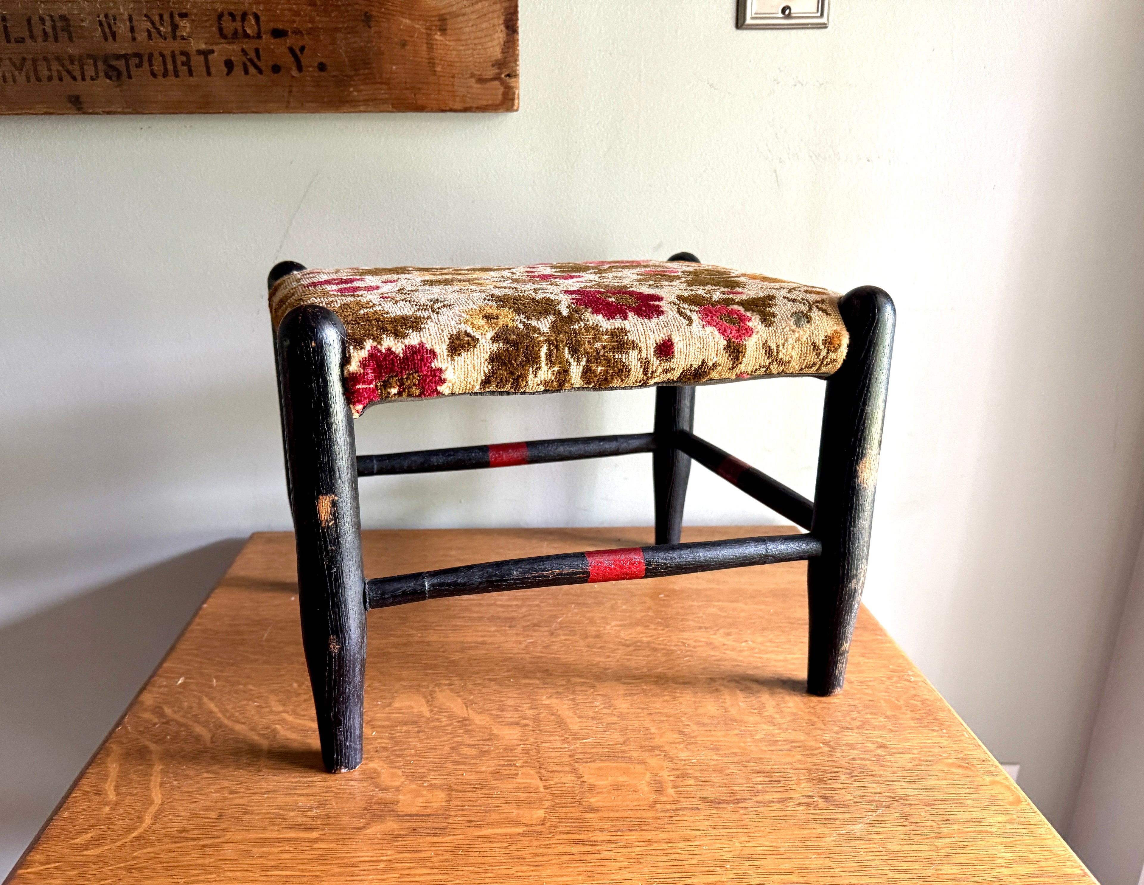 Antique Turned Wood Footstool With Floral Tapestry Top ~ Distressed Antique Wood Floral Footstool