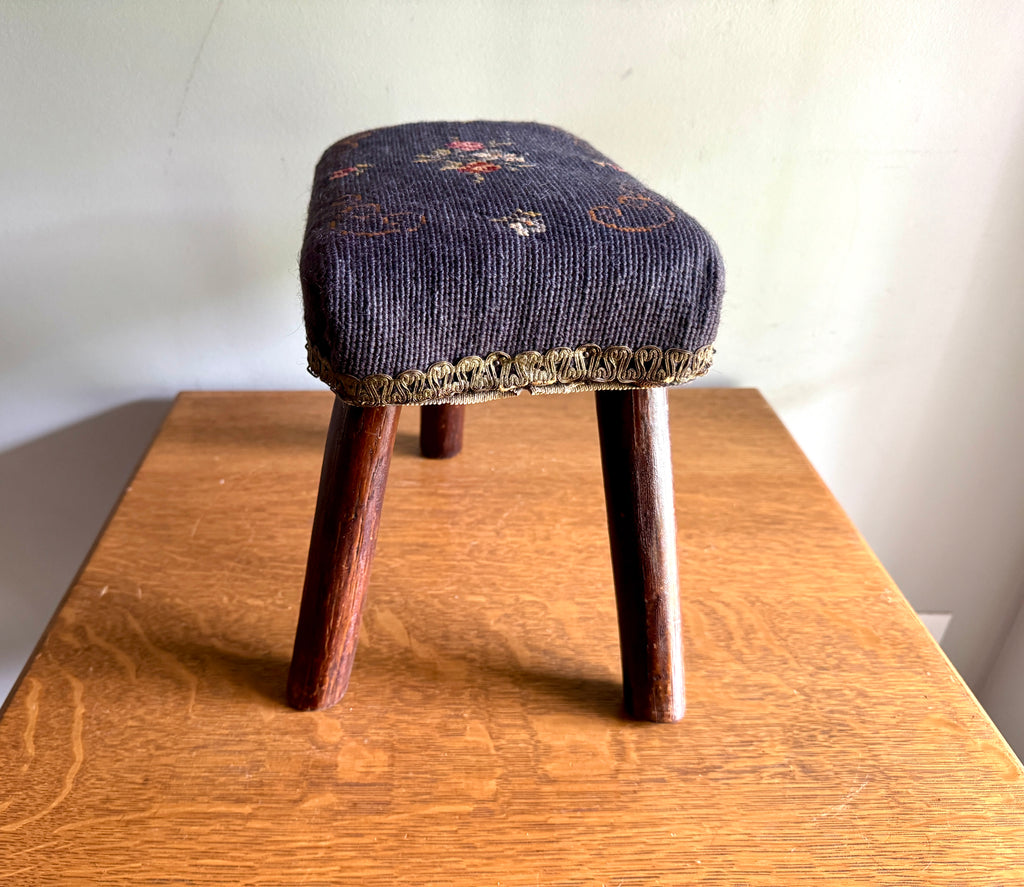 Antique Primitive Needlepoint Three Legged Stool ~ Distressed Primitive Stool