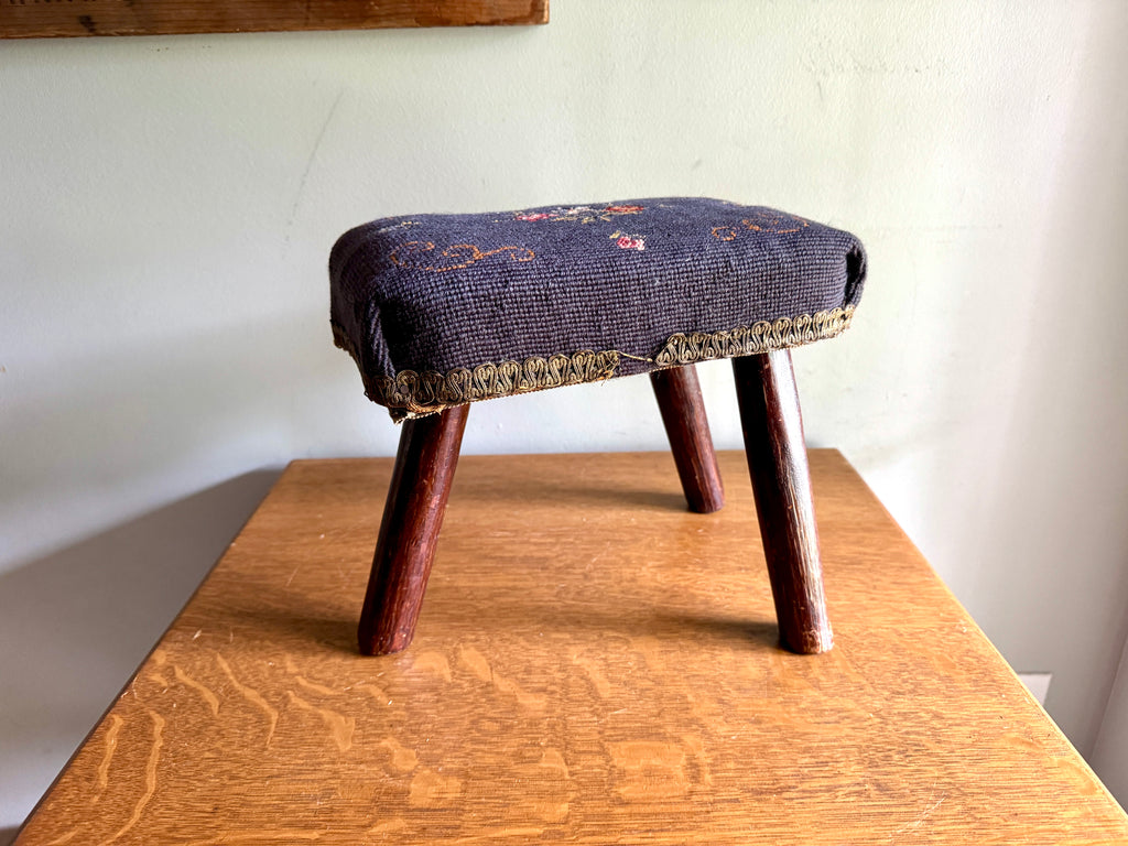 Antique Primitive Needlepoint Three Legged Stool ~ Distressed Primitive Stool