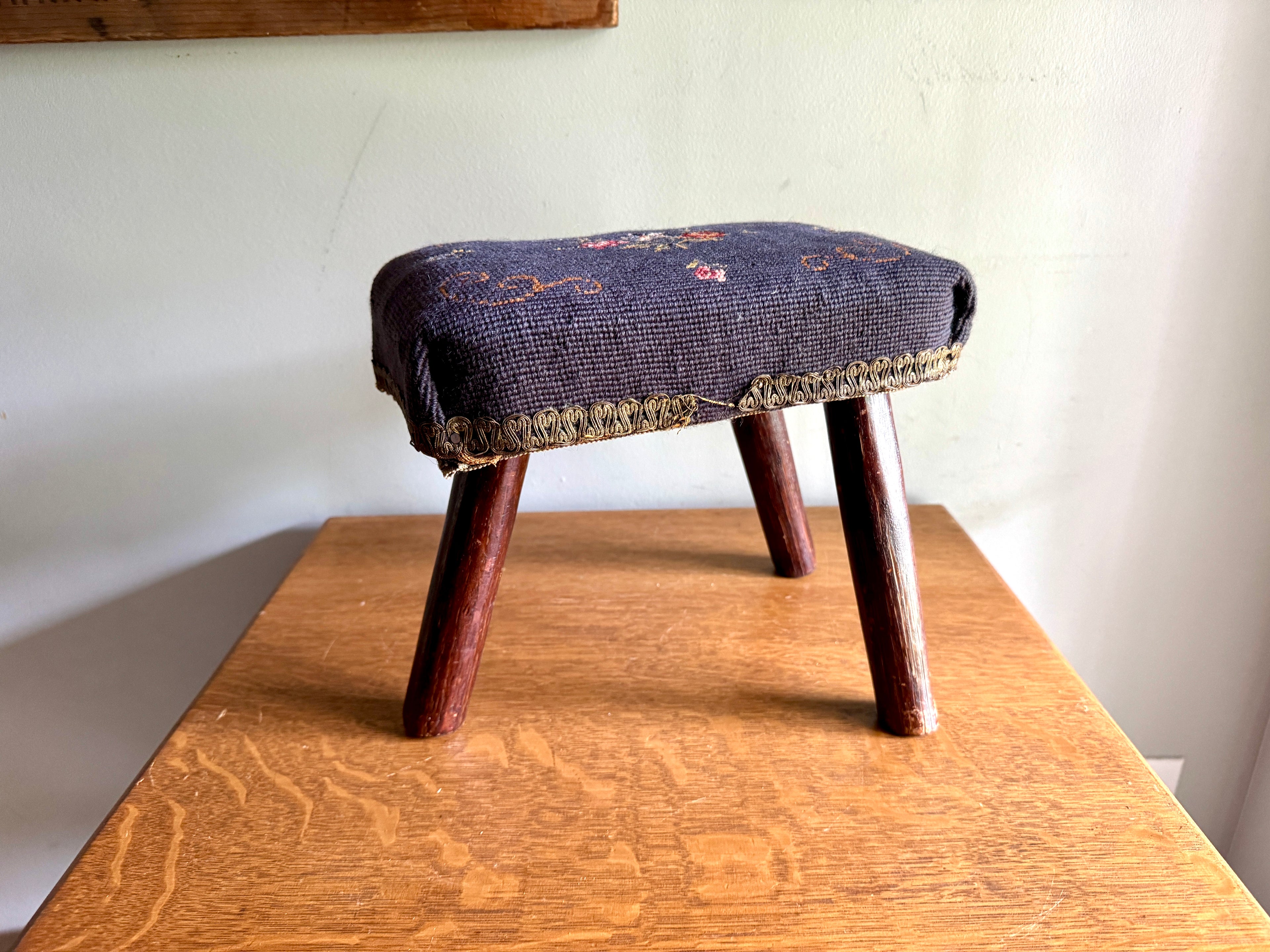 Antique Primitive Needlepoint Three Legged Stool ~ Distressed Primitive Stool