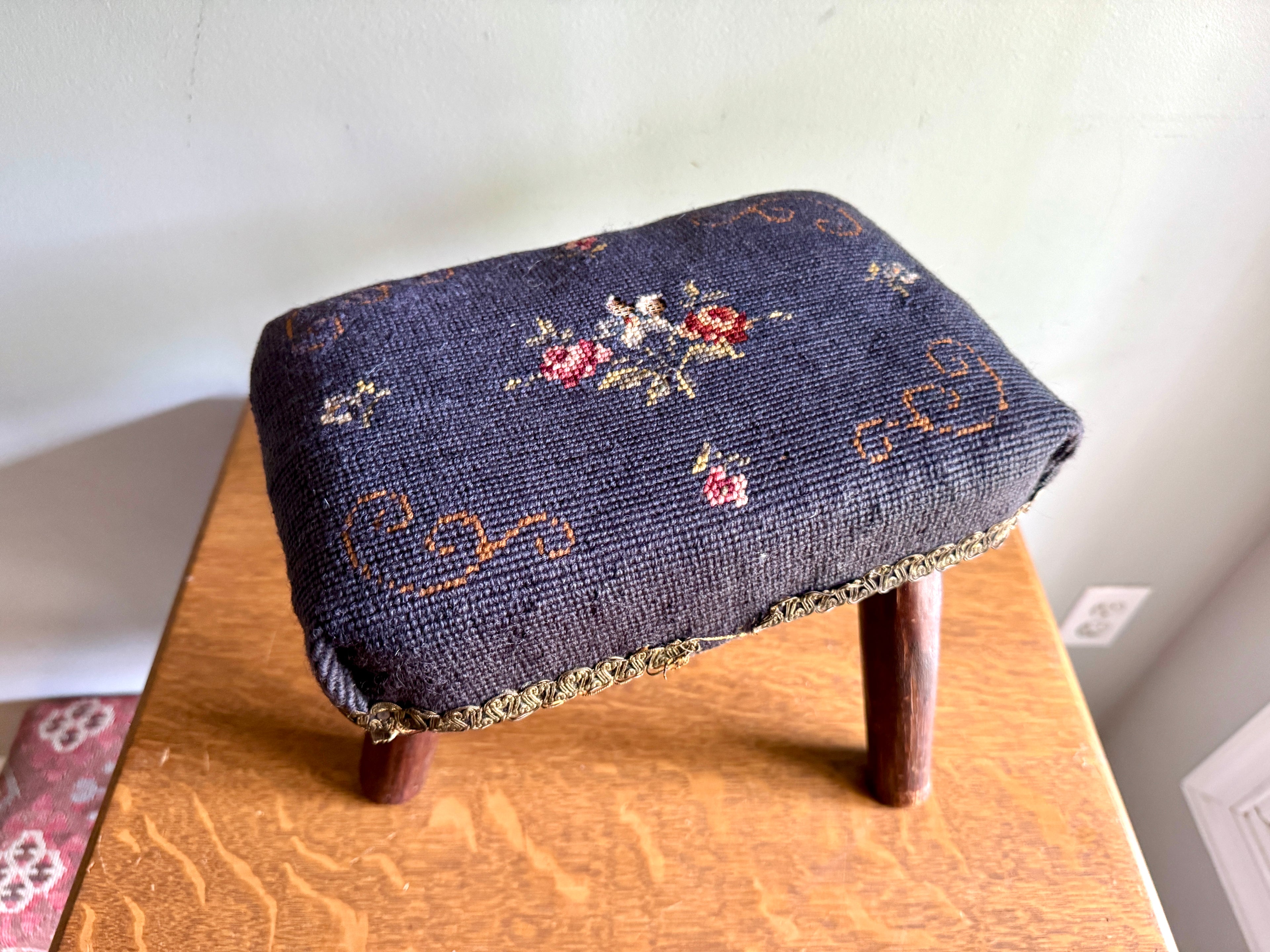 Antique Primitive Needlepoint Three Legged Stool ~ Distressed Primitive Stool