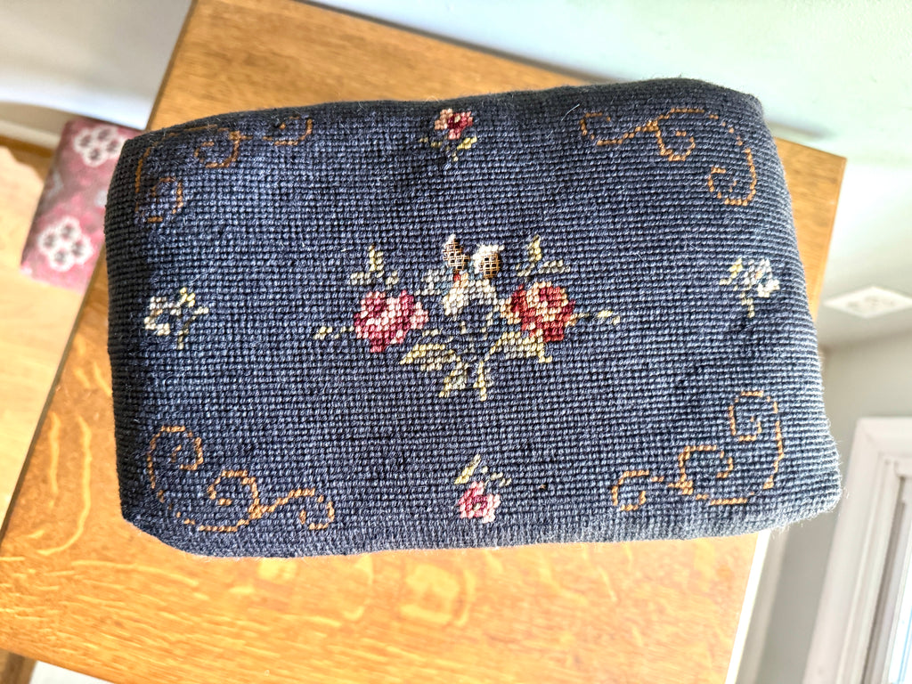 Antique Primitive Needlepoint Three Legged Stool ~ Distressed Primitive Stool