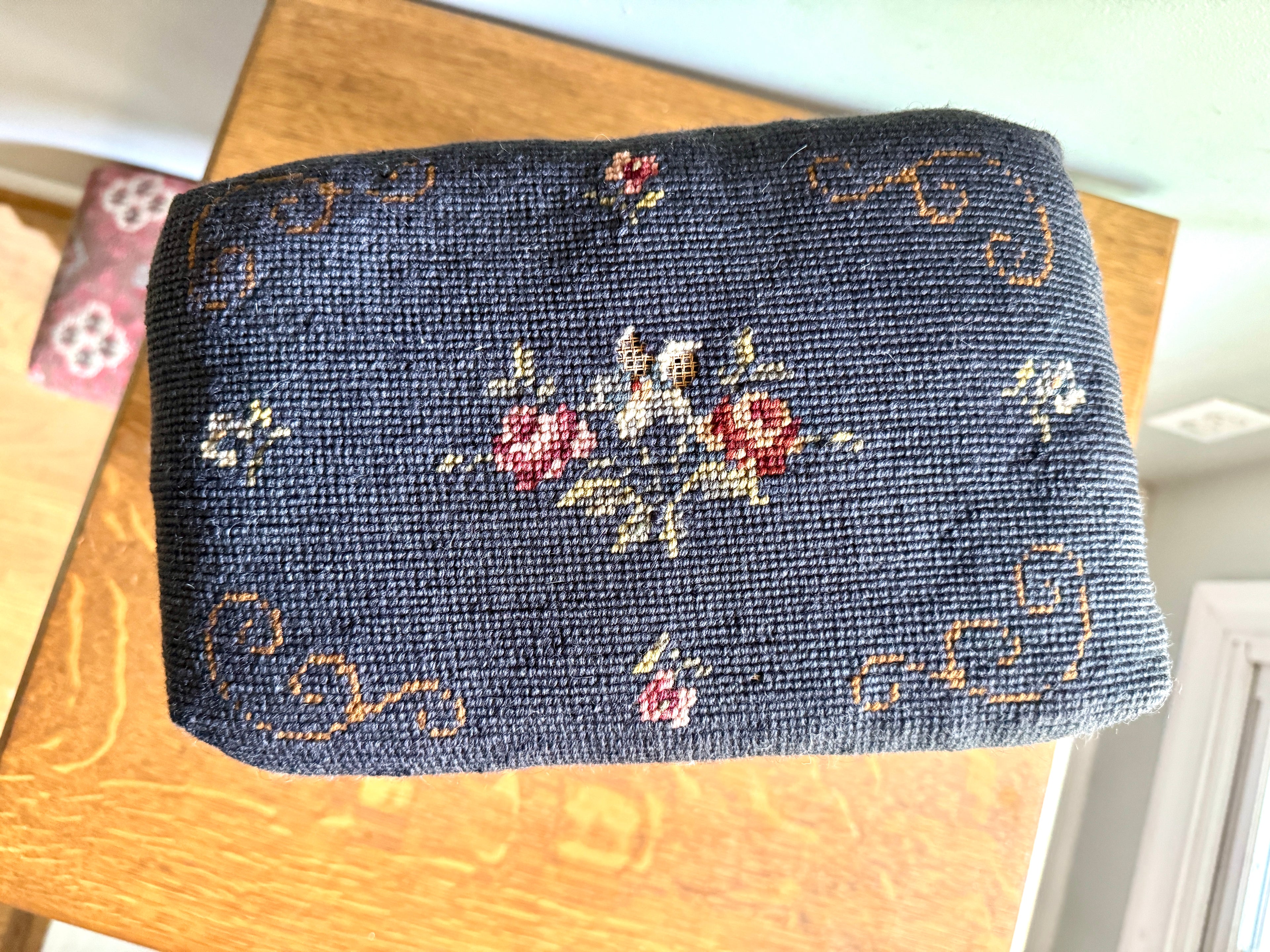 Antique Primitive Needlepoint Three Legged Stool ~ Distressed Primitive Stool