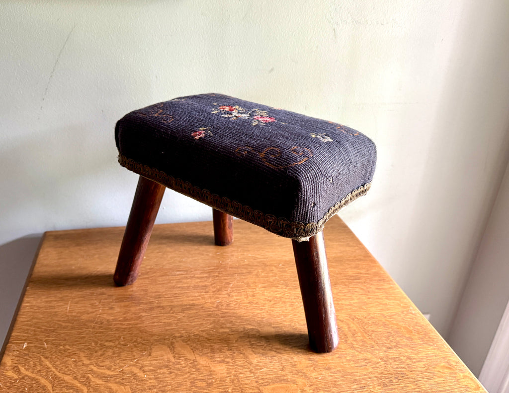 Antique Primitive Needlepoint Three Legged Stool ~ Distressed Primitive Stool