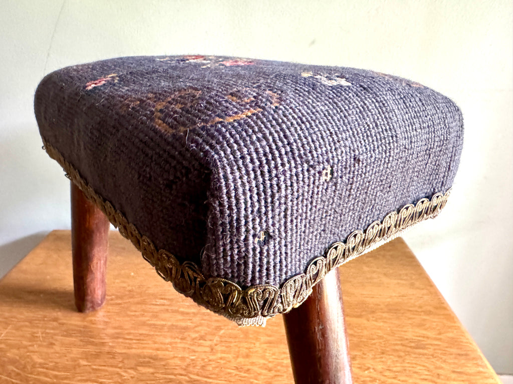 Antique Primitive Needlepoint Three Legged Stool ~ Distressed Primitive Stool
