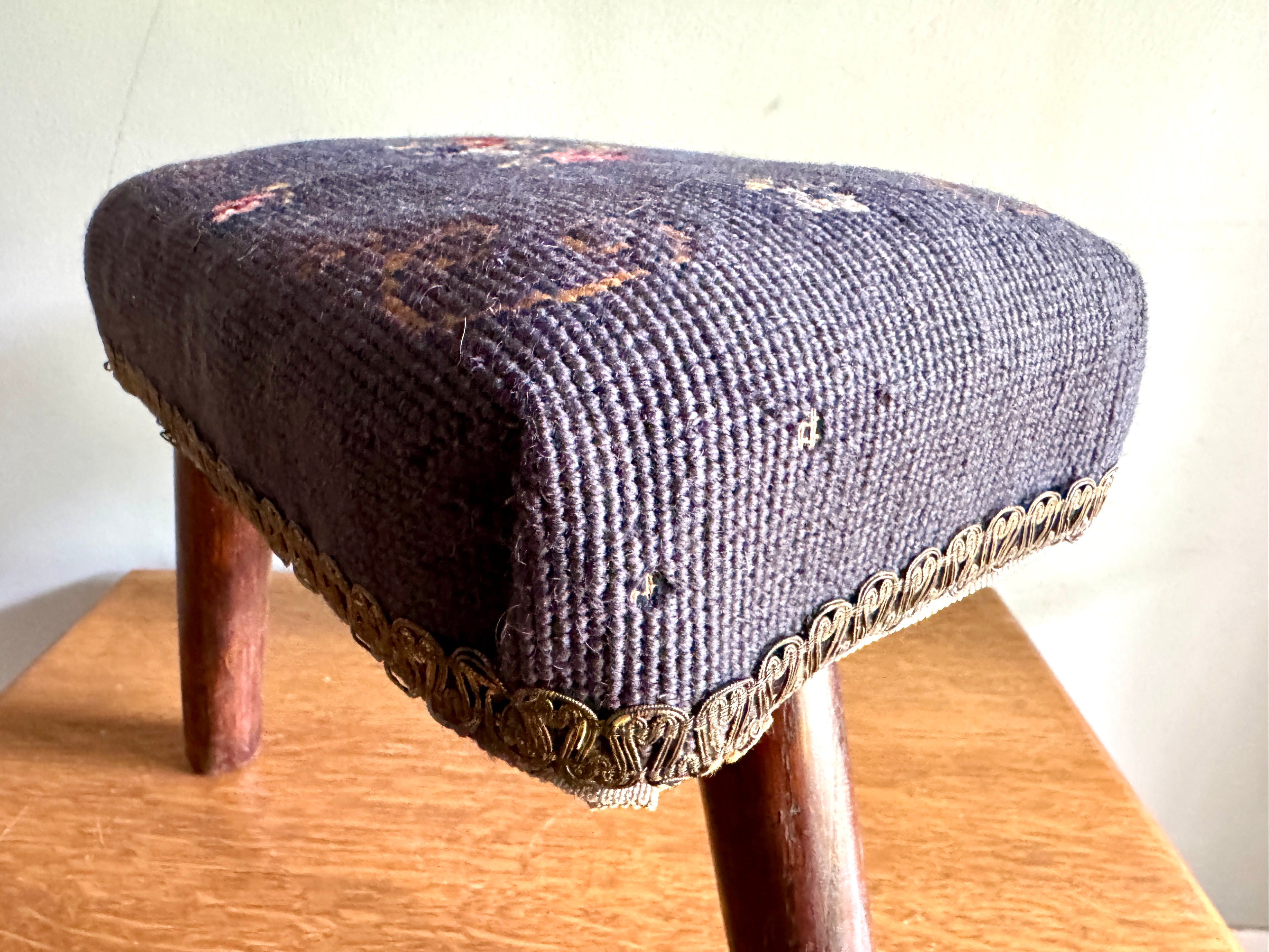 Antique Primitive Needlepoint Three Legged Stool ~ Distressed Primitive Stool