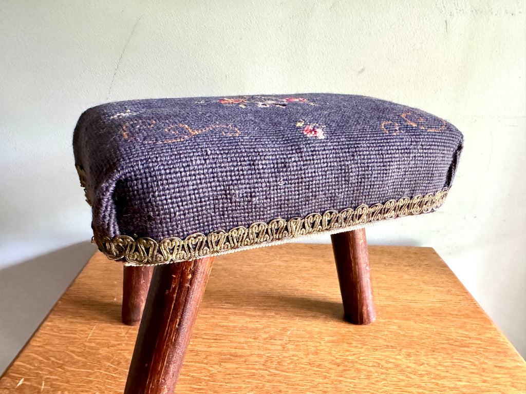 Antique Primitive Needlepoint Three Legged Stool ~ Distressed Primitive Stool