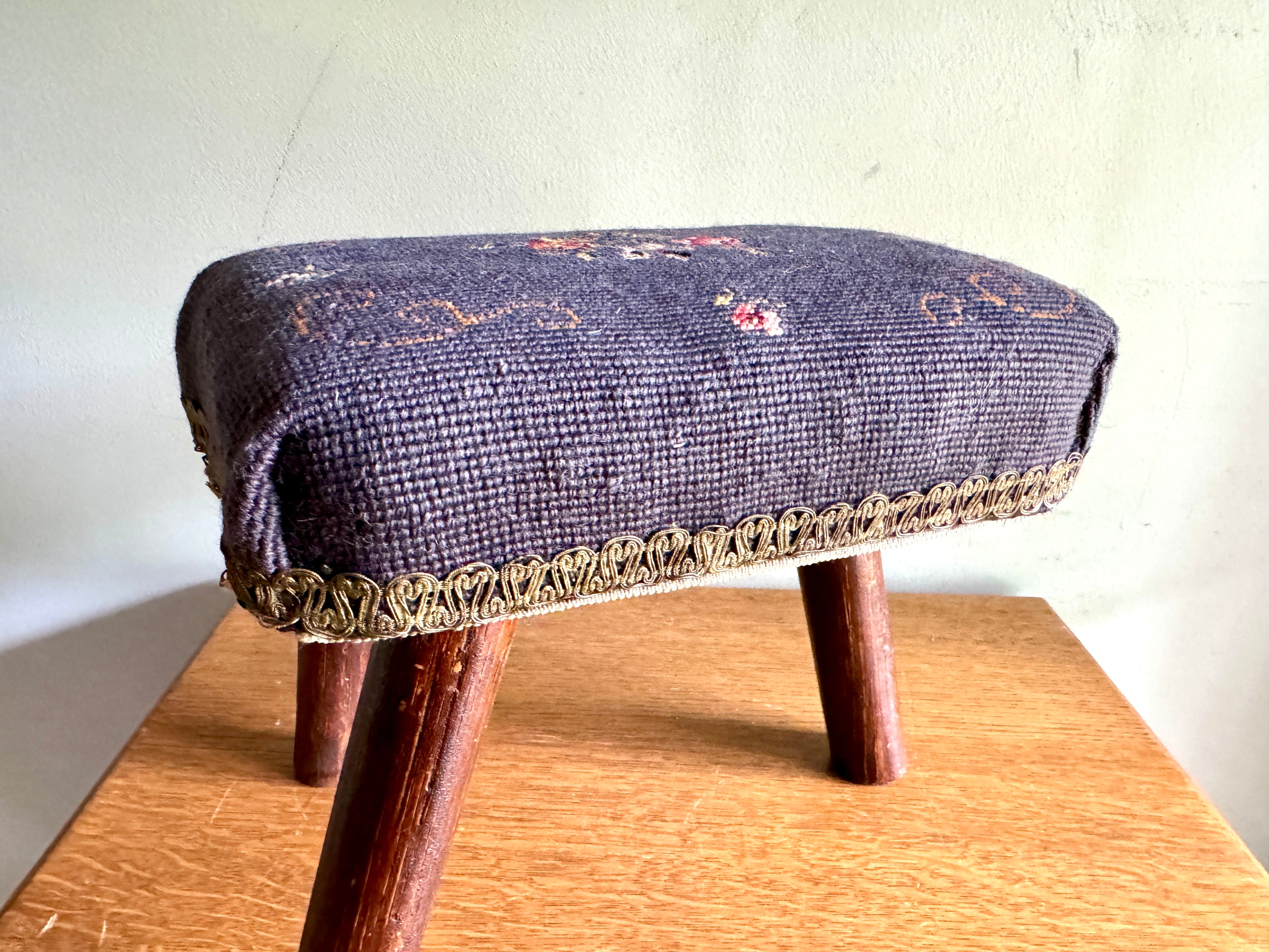Antique Primitive Needlepoint Three Legged Stool ~ Distressed Primitive Stool