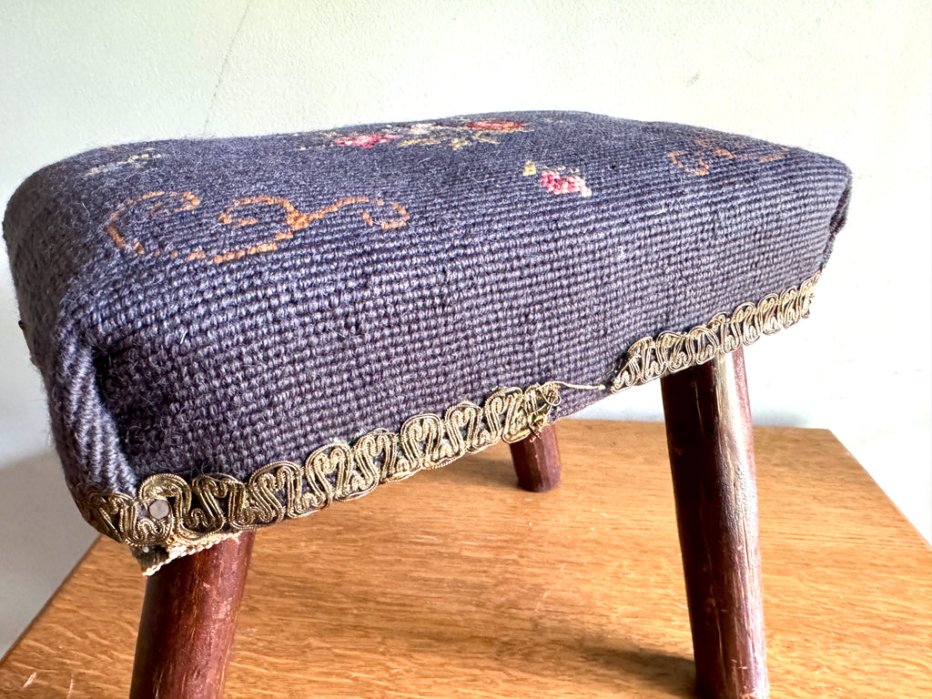 Antique Primitive Needlepoint Three Legged Stool ~ Distressed Primitive Stool