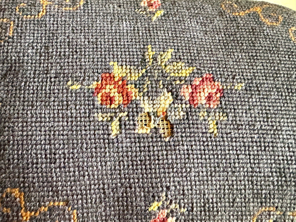 Antique Primitive Needlepoint Three Legged Stool ~ Distressed Primitive Stool