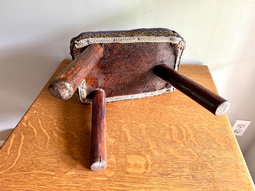 Antique Primitive Needlepoint Three Legged Stool ~ Distressed Primitive Stool