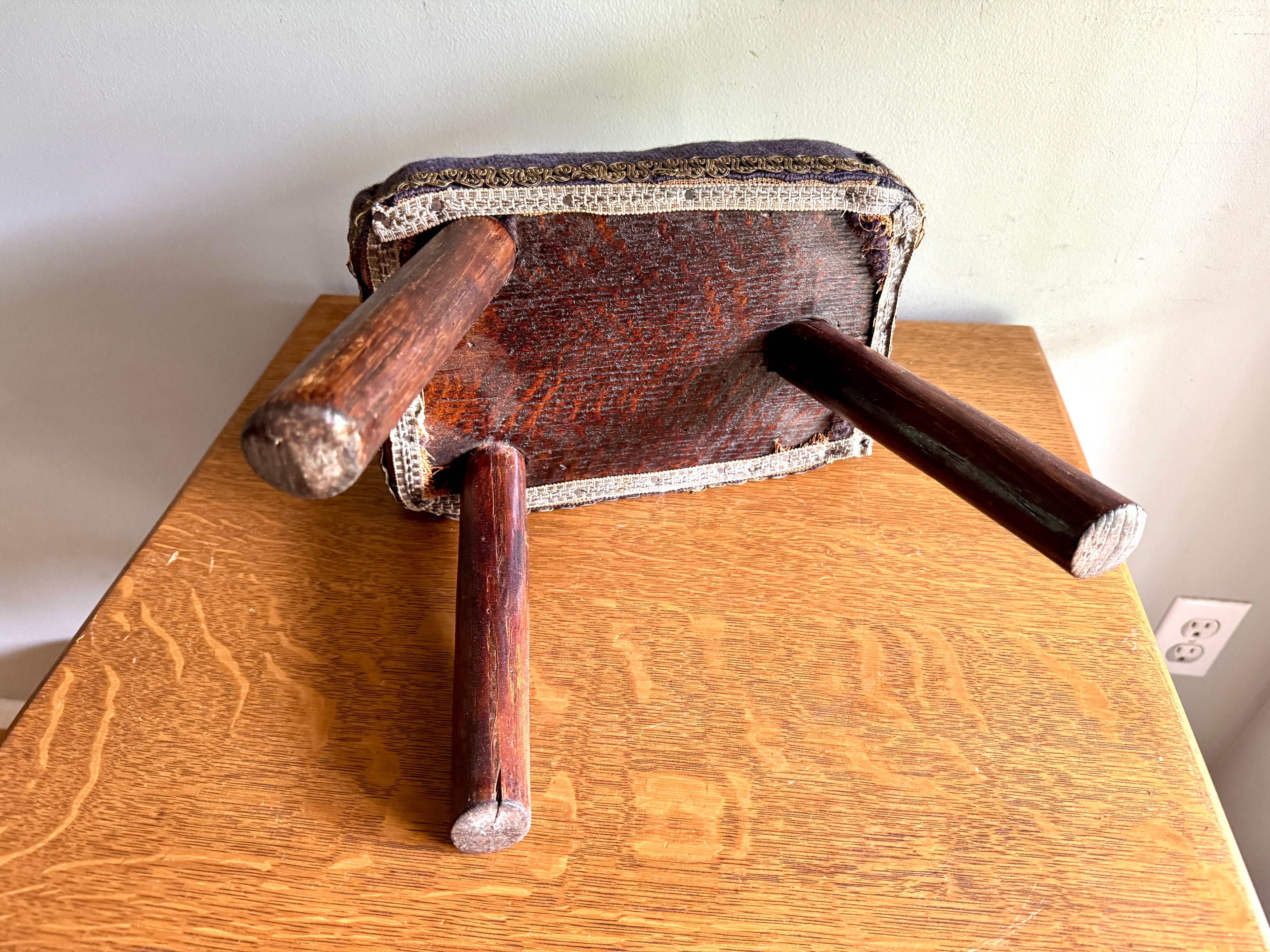 Antique Primitive Needlepoint Three Legged Stool ~ Distressed Primitive Stool