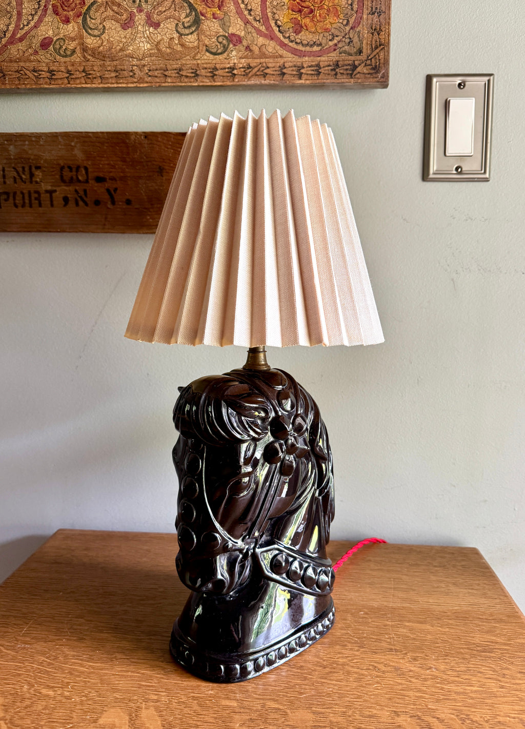 Vintage Glossy Black Horse Head Ceramic Lamp ~ MCM Equestrian Ceramic Lamp