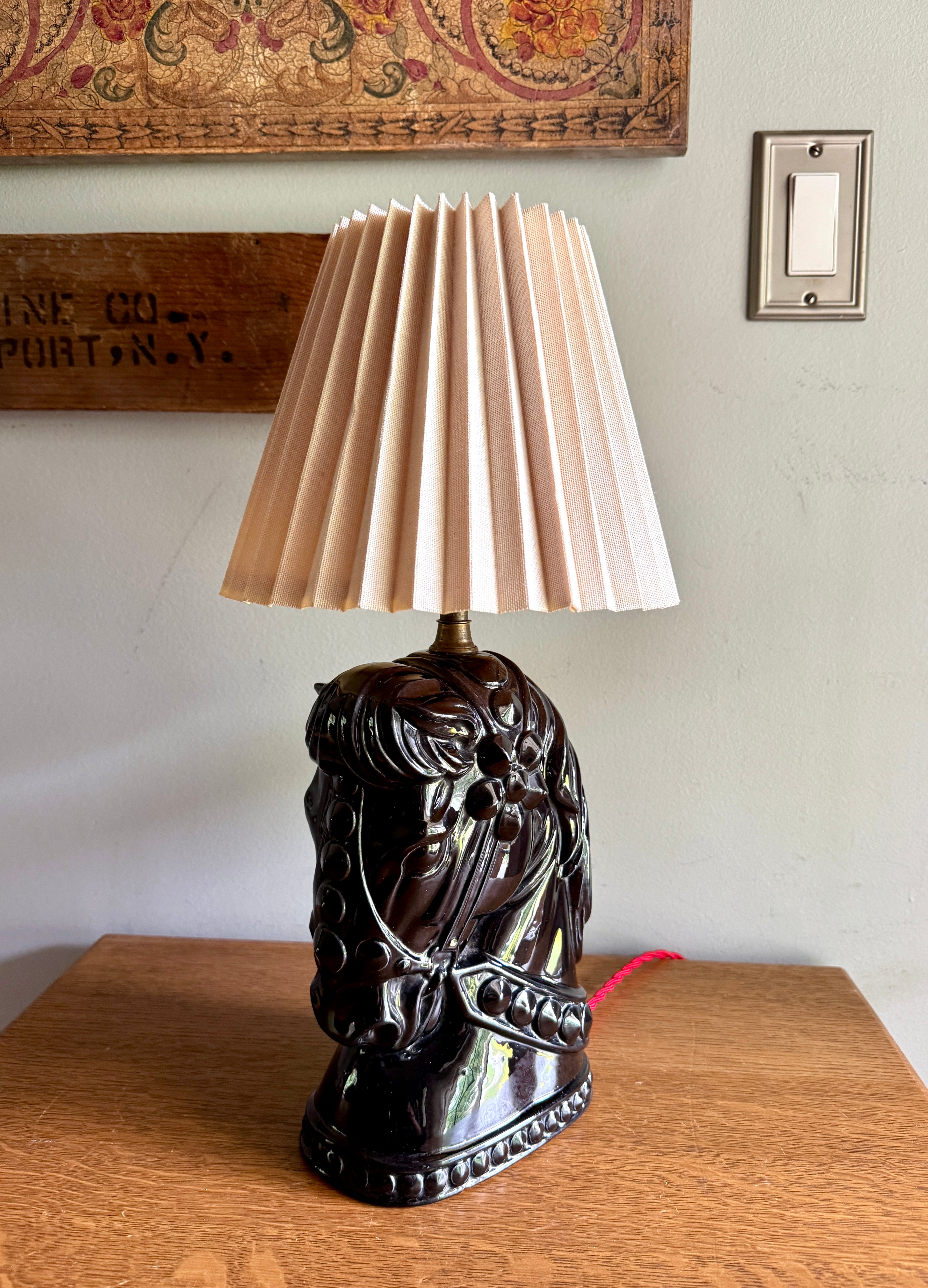 Vintage Glossy Black Horse Head Ceramic Lamp ~ MCM Equestrian Ceramic Lamp