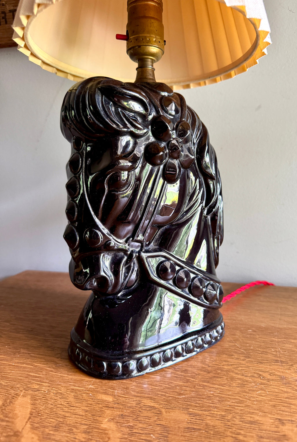 Vintage Glossy Black Horse Head Ceramic Lamp ~ MCM Equestrian Ceramic Lamp