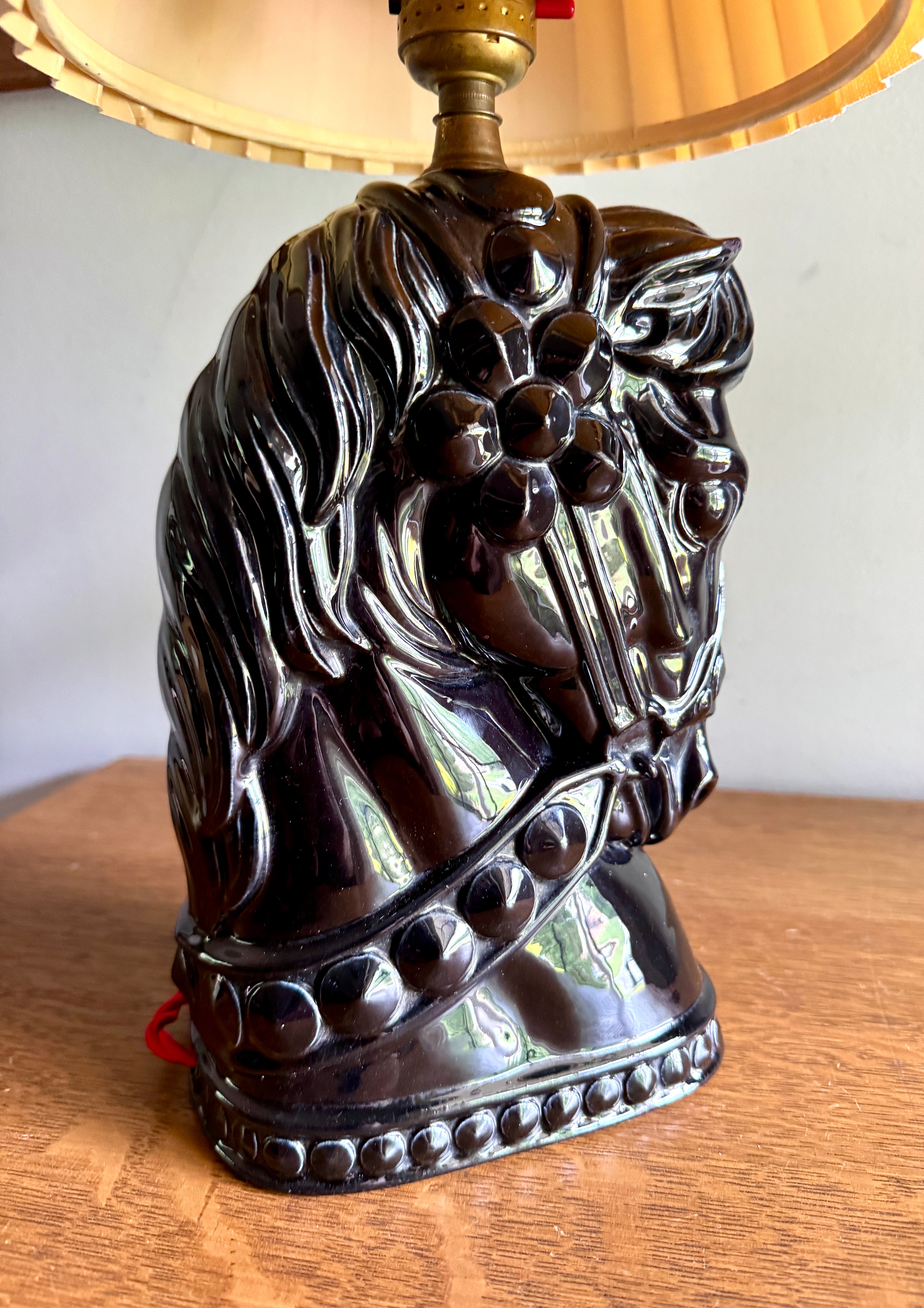Vintage Glossy Black Horse Head Ceramic Lamp ~ MCM Equestrian Ceramic Lamp