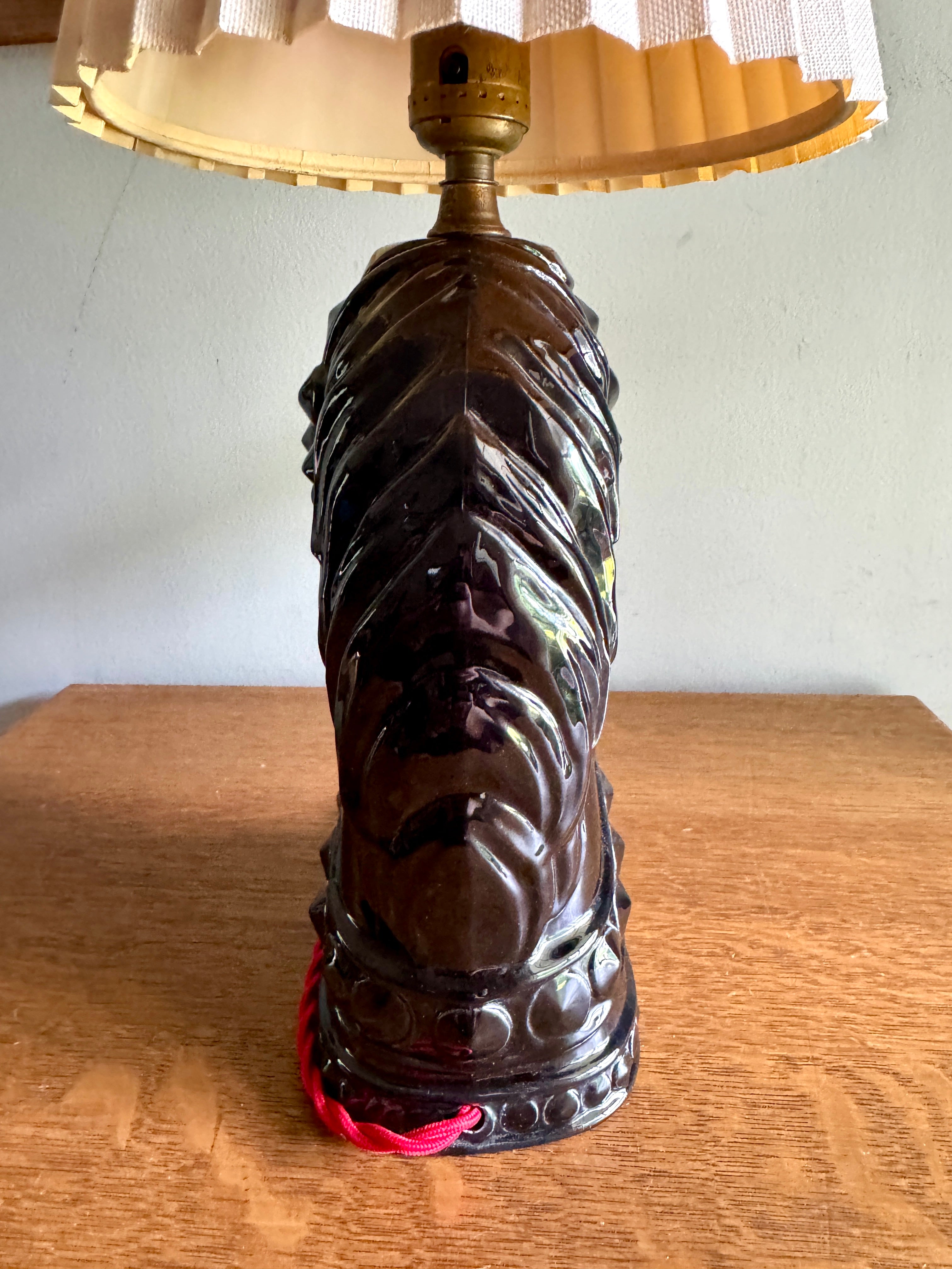 Vintage Glossy Black Horse Head Ceramic Lamp ~ MCM Equestrian Ceramic Lamp