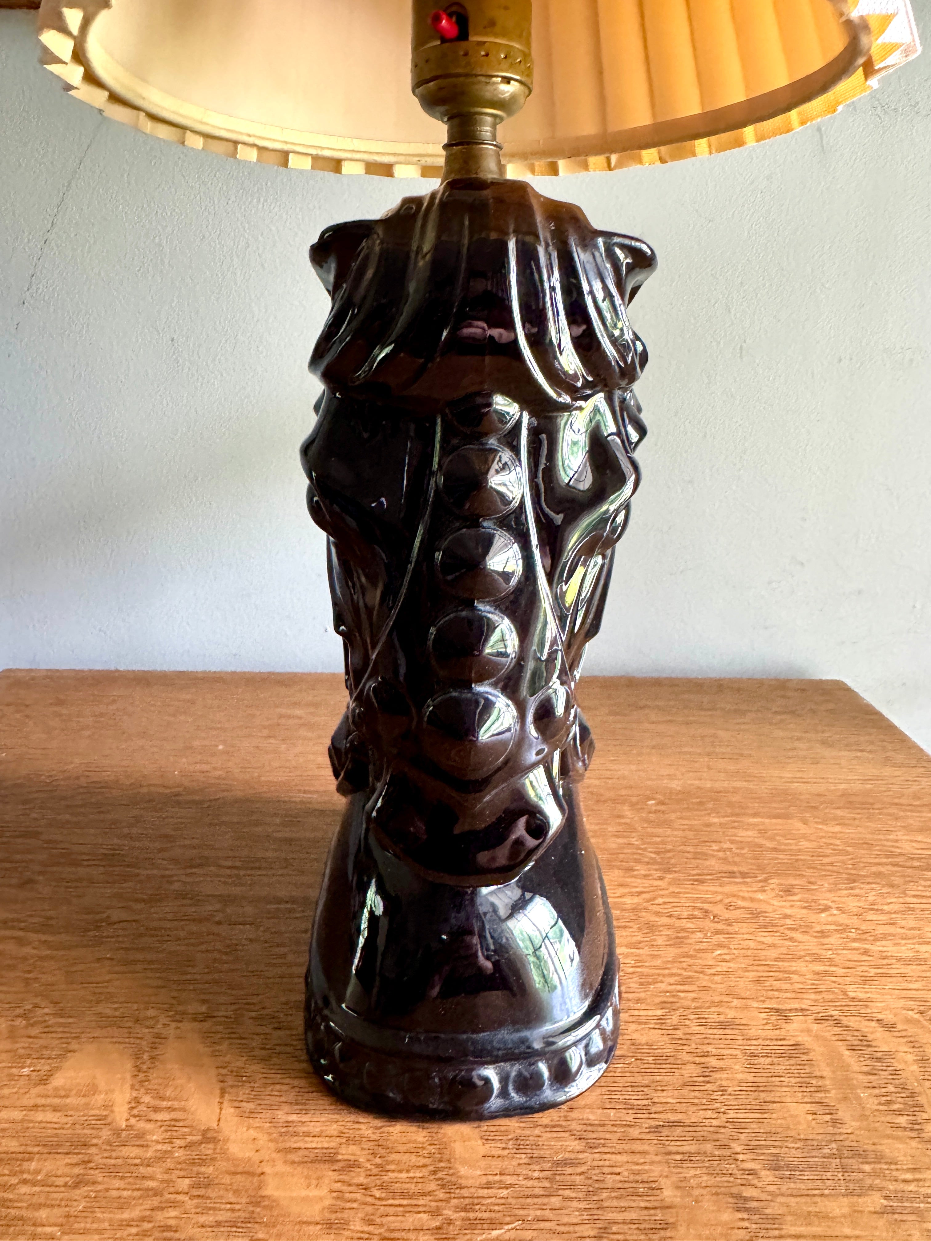 Vintage Glossy Black Horse Head Ceramic Lamp ~ MCM Equestrian Ceramic Lamp