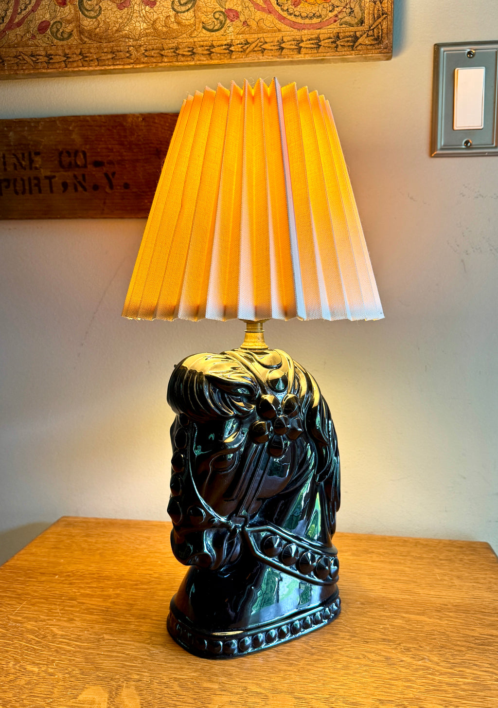 Vintage Glossy Black Horse Head Ceramic Lamp ~ MCM Equestrian Ceramic Lamp