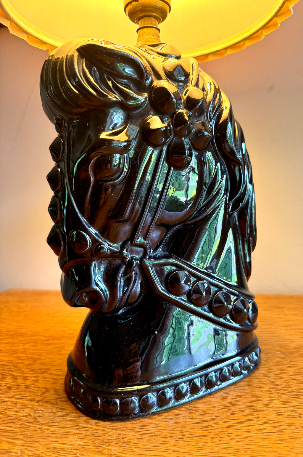 Vintage Glossy Black Horse Head Ceramic Lamp ~ MCM Equestrian Ceramic Lamp