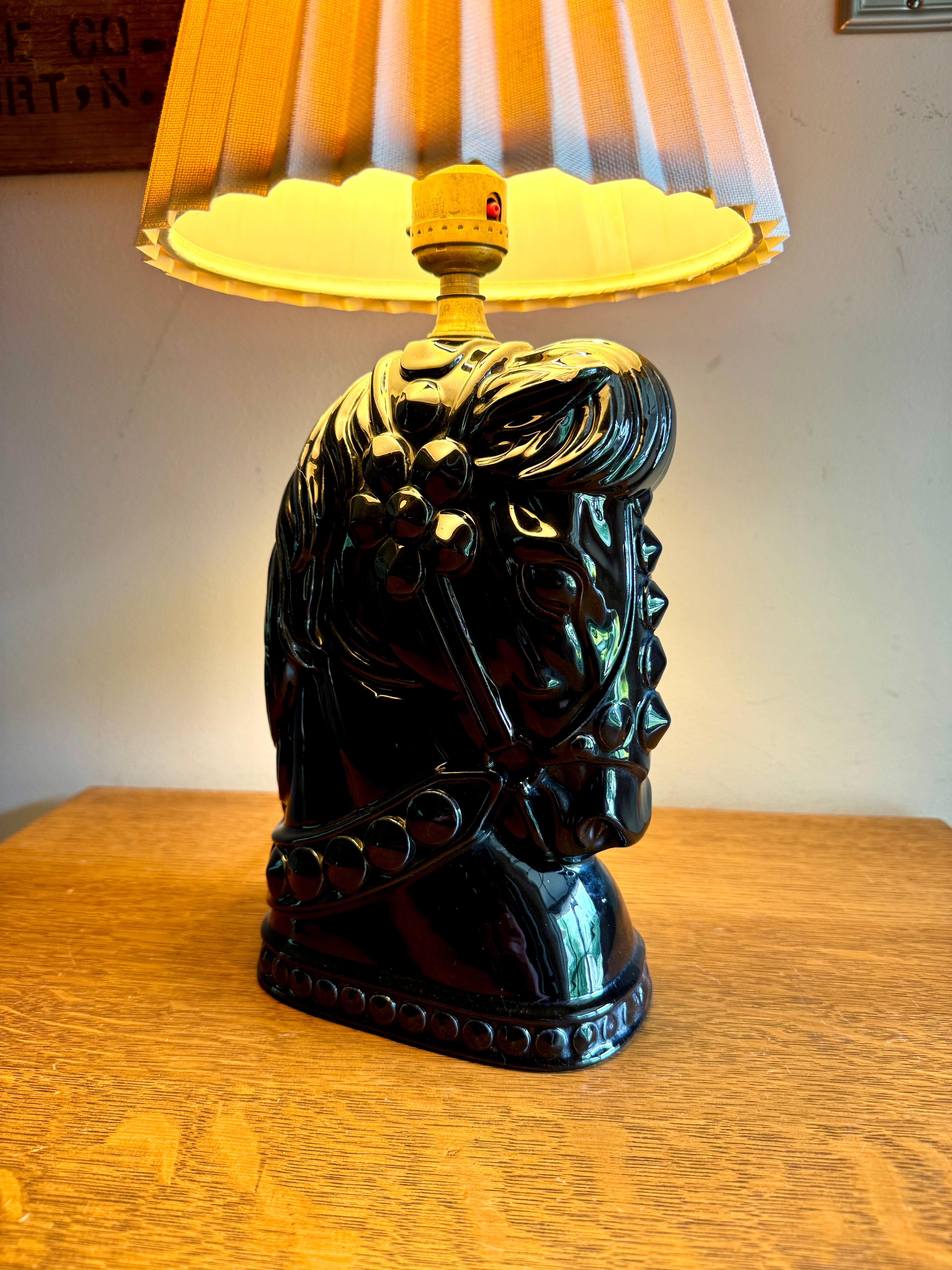 Vintage Glossy Black Horse Head Ceramic Lamp ~ MCM Equestrian Ceramic Lamp