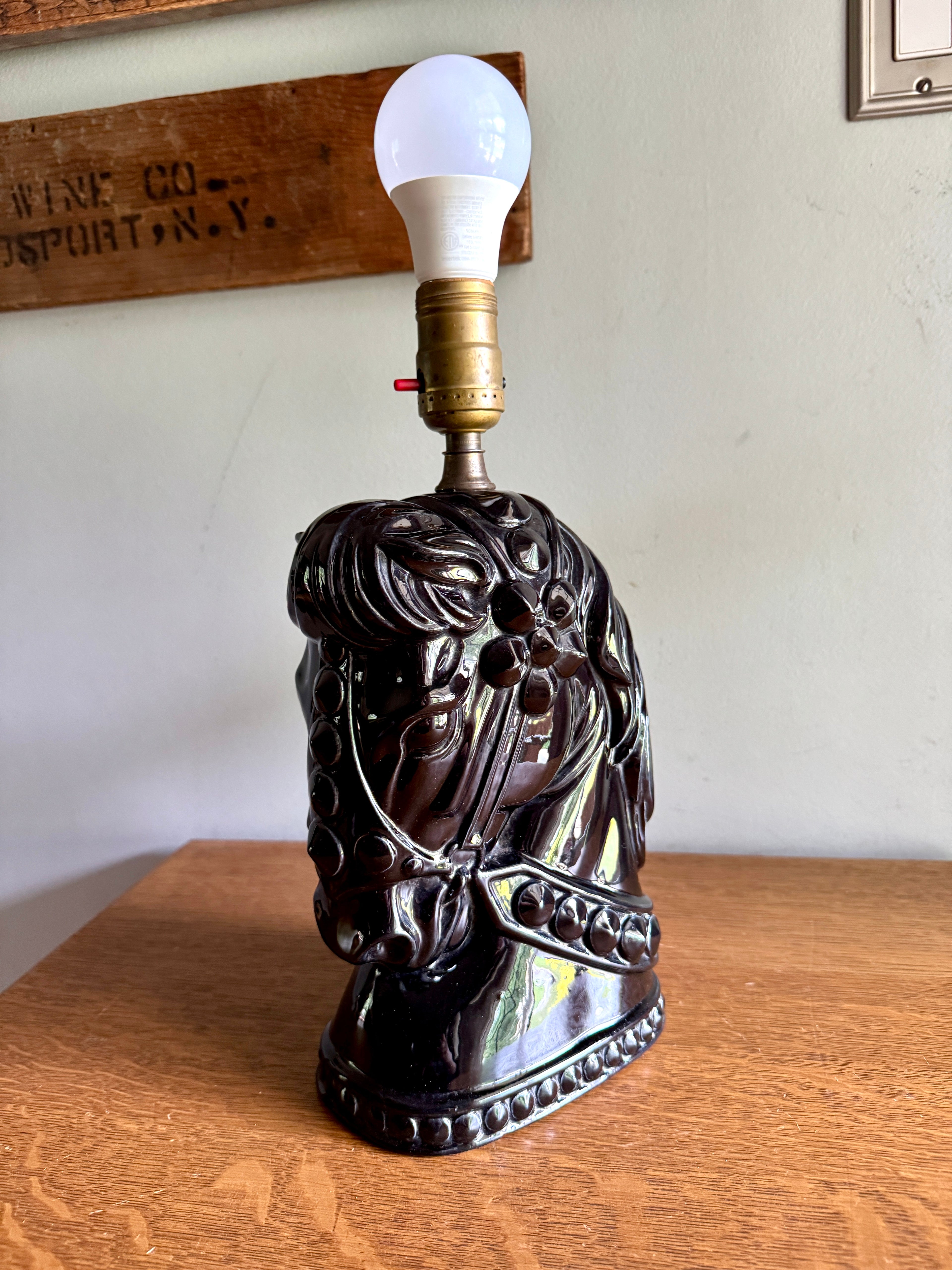 Vintage Glossy Black Horse Head Ceramic Lamp ~ MCM Equestrian Ceramic Lamp