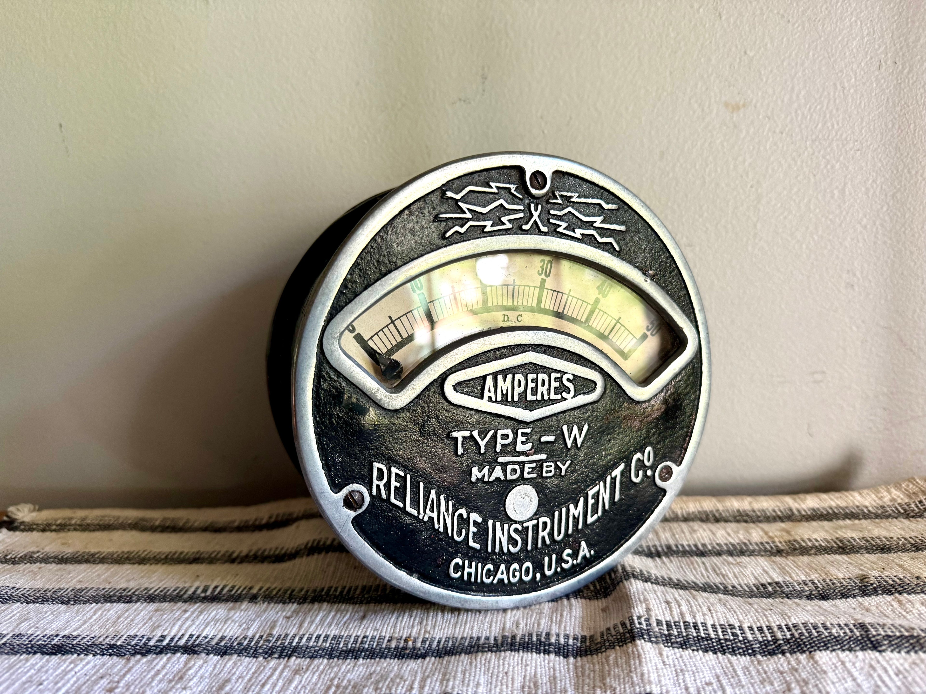 Antique Reliance Instrument Co. Amp Meter | Reliance Type W Ampere Gauge | Reliance Instrument Co. Factory Gauge | Large Round AMP Gauge