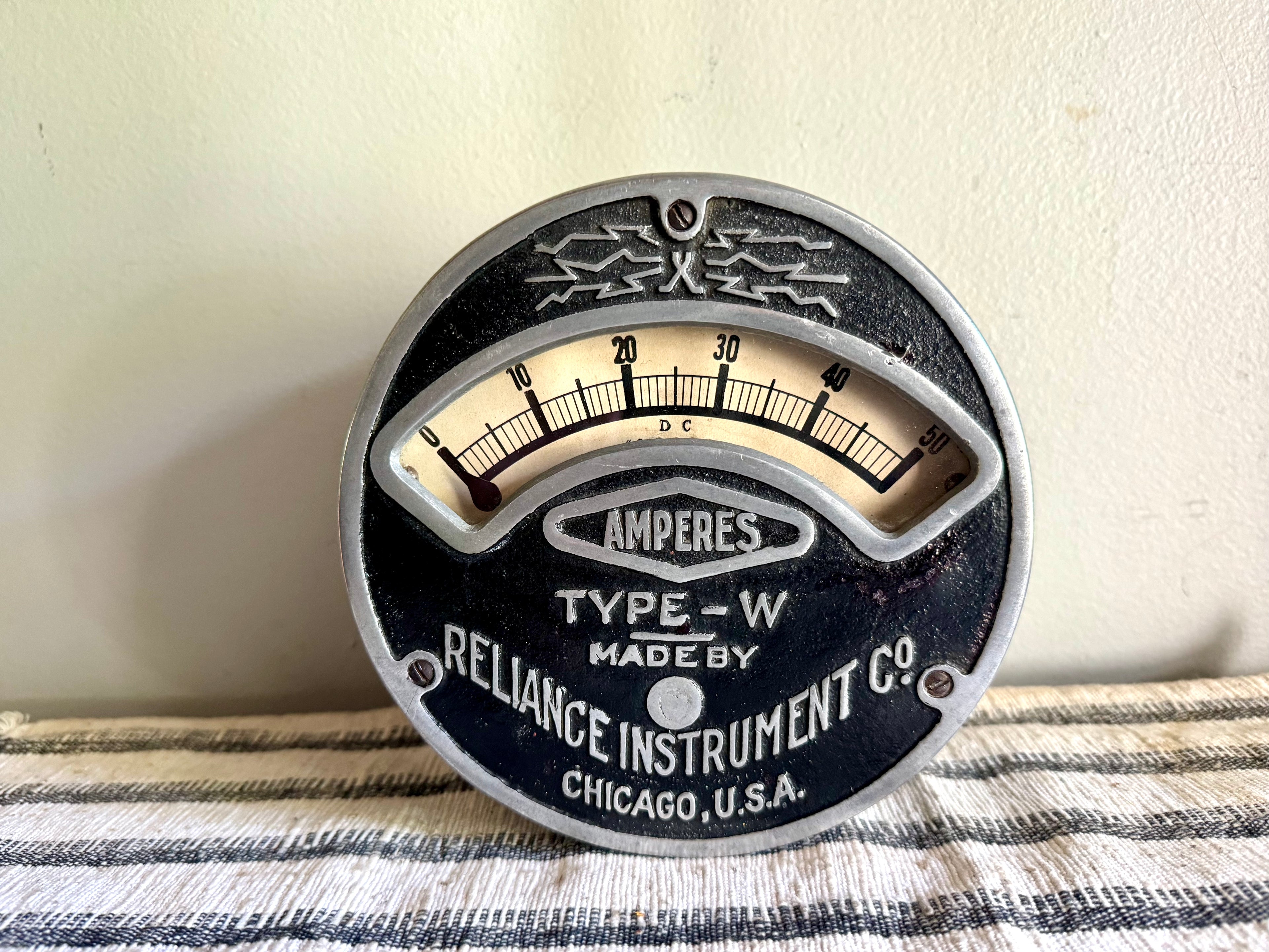 Antique Reliance Instrument Co. Amp Meter | Reliance Type W Ampere Gauge | Reliance Instrument Co. Factory Gauge | Large Round AMP Gauge
