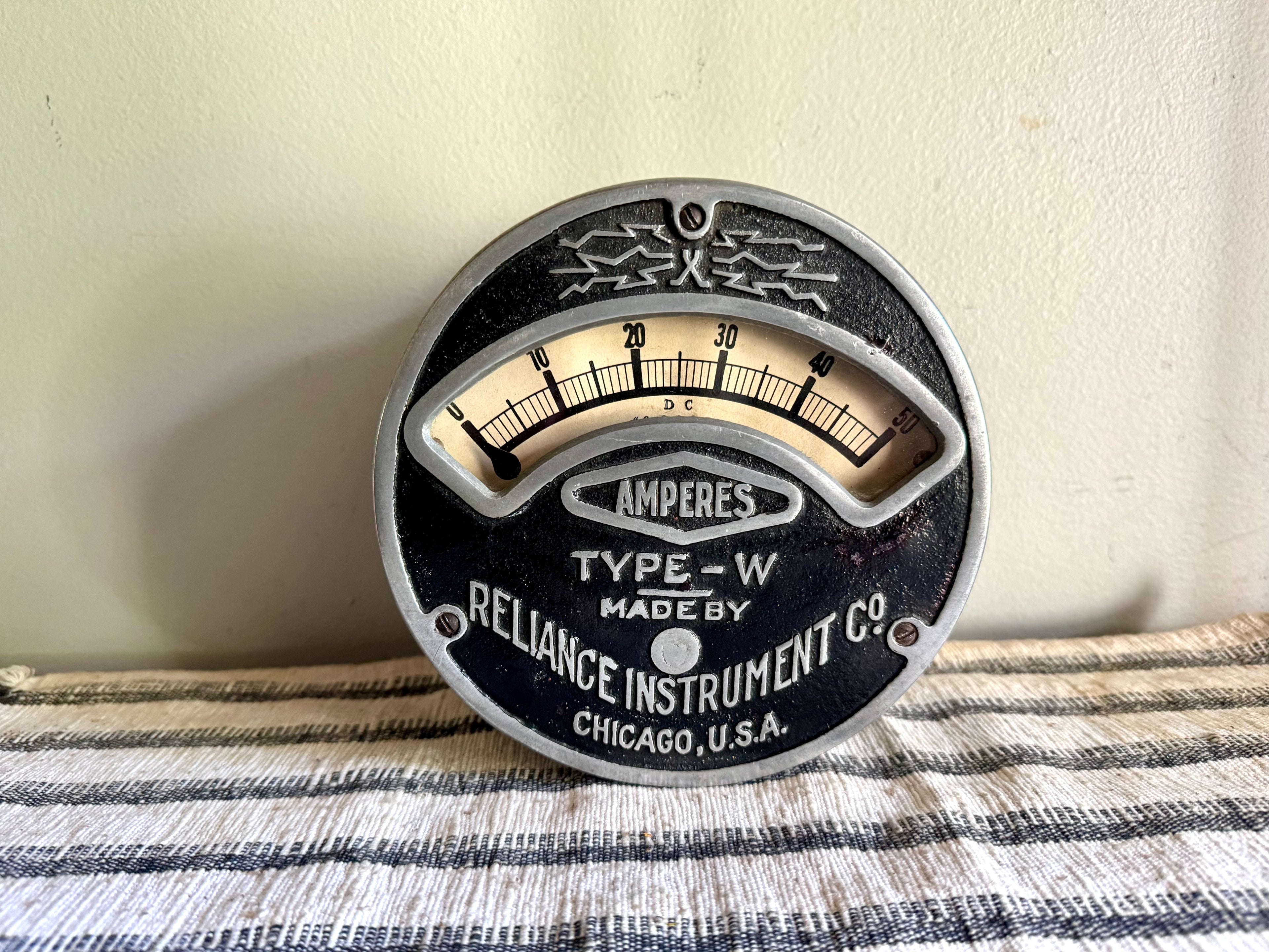 Antique Reliance Instrument Co. Amp Meter | Reliance Type W Ampere Gauge | Reliance Instrument Co. Factory Gauge | Large Round AMP Gauge