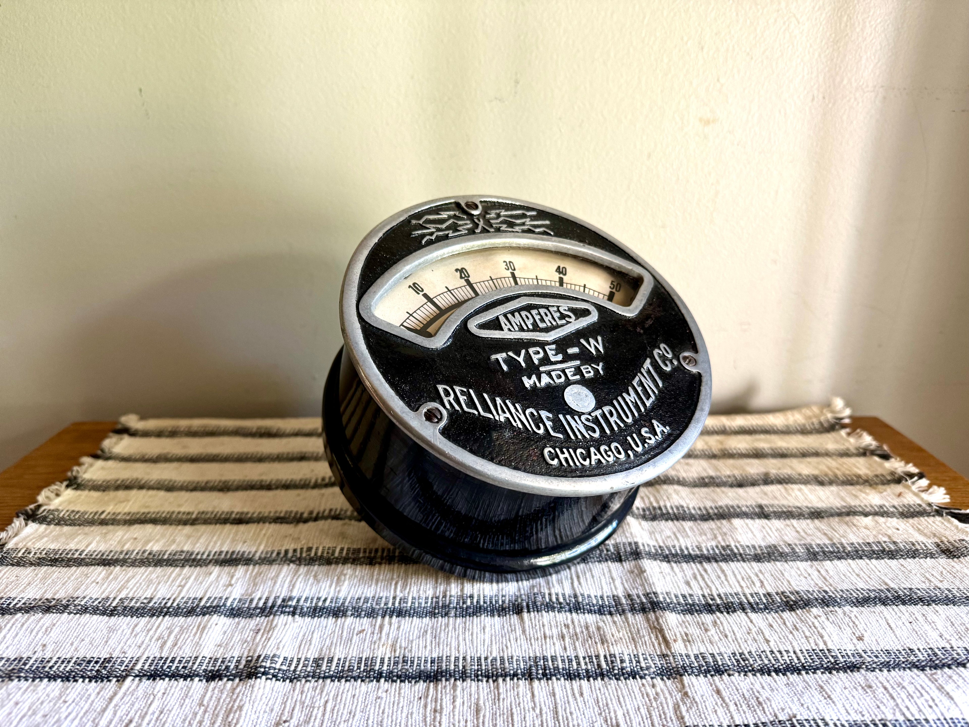 Antique Reliance Instrument Co. Amp Meter | Reliance Type W Ampere Gauge | Reliance Instrument Co. Factory Gauge | Large Round AMP Gauge