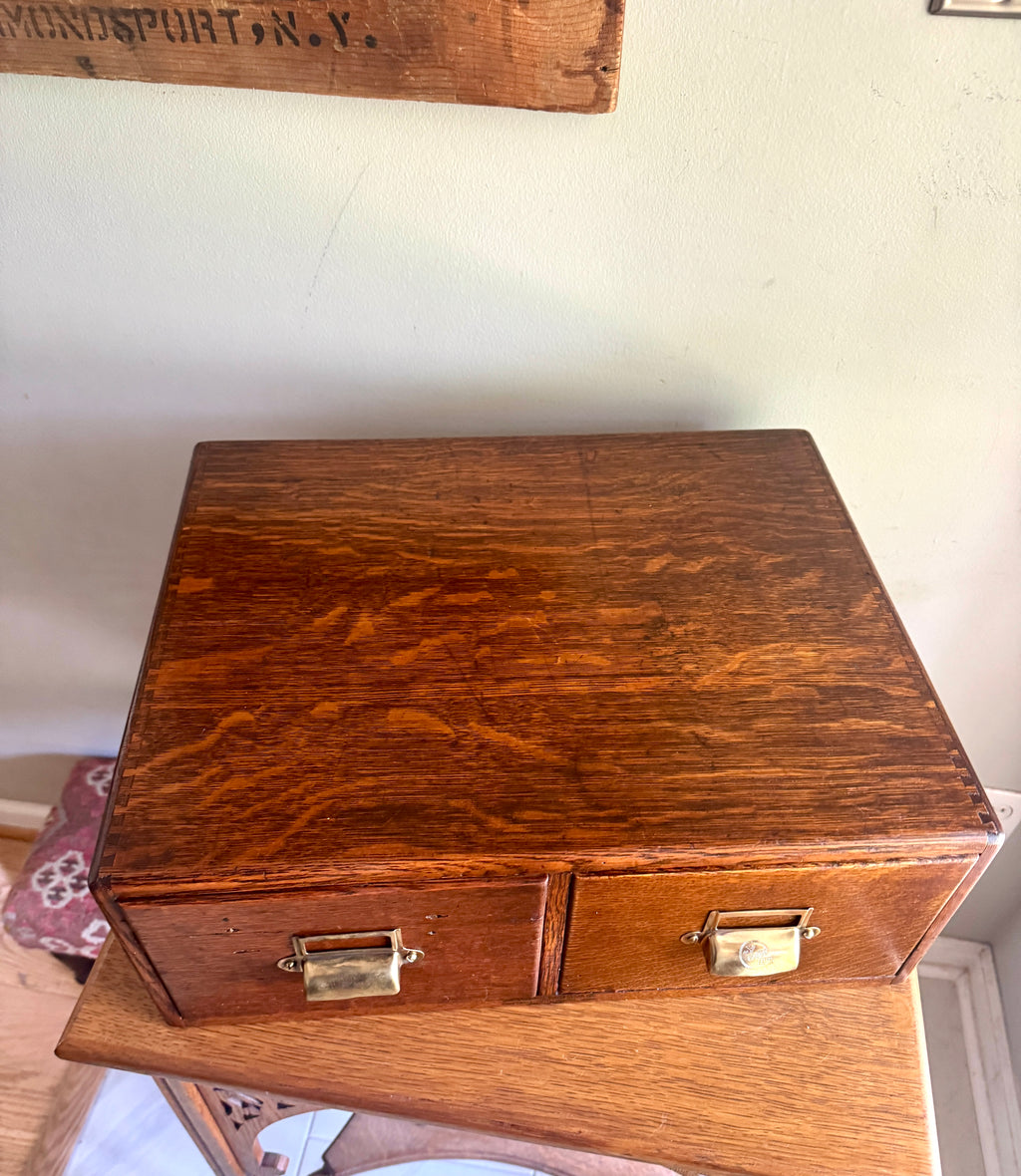 Antique Yawman & Erbe Two Drawer Tiger Oak Card Catalog ~ Dovetailed Wood Card Catalog