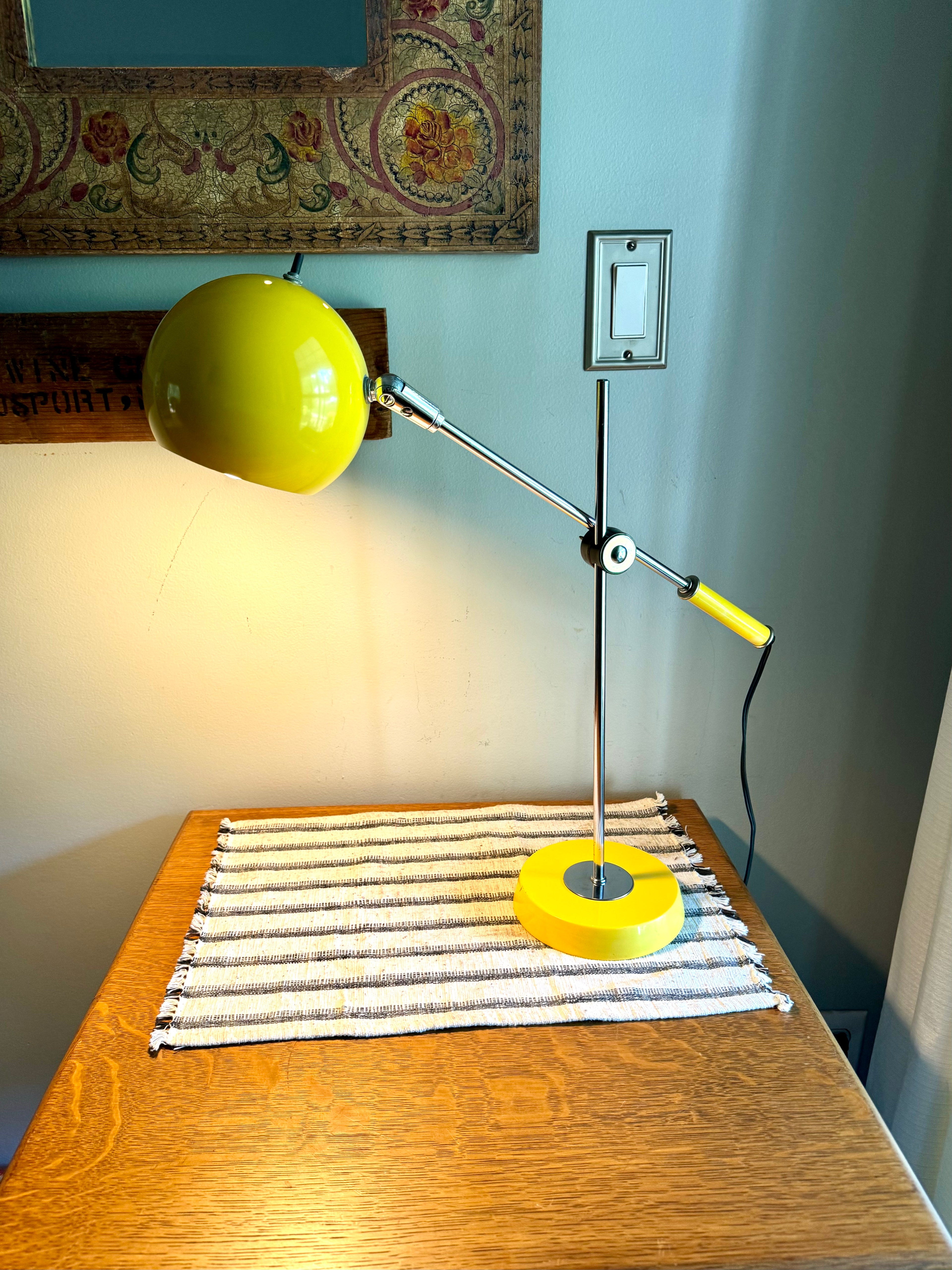 Yellow MCM Robert Sonneman Style Articulating Chrome Orb Lamp | R. Sonneman Adjustable Mid Century Modernist Table Lamp | MCM Eyeball Lamp
