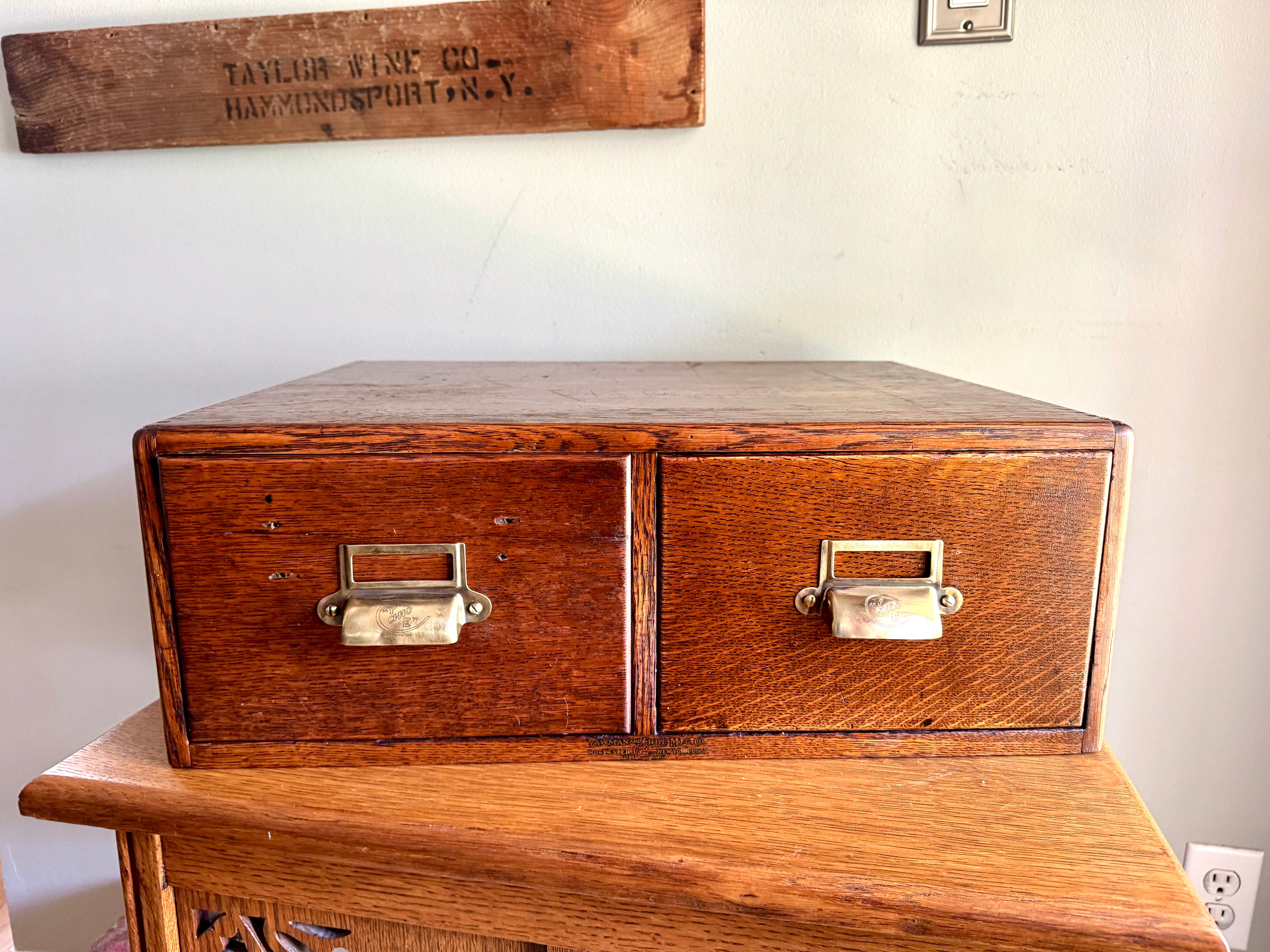Antique Yawman & Erbe Two Drawer Tiger Oak Card Catalog ~ Dovetailed Wood Card Catalog
