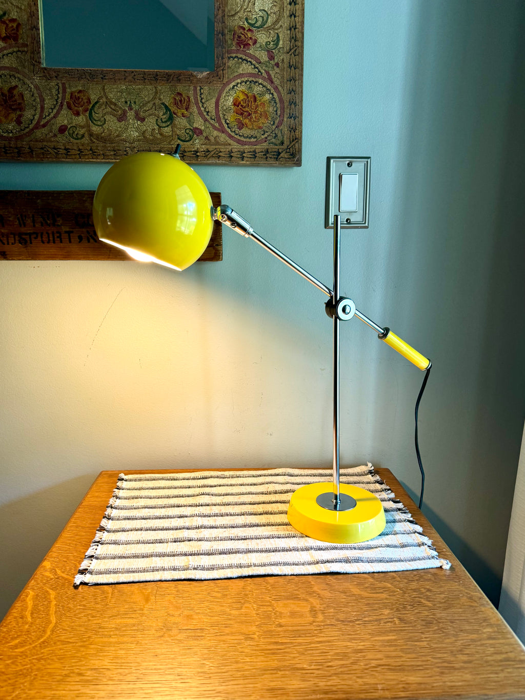 Yellow MCM Robert Sonneman Style Articulating Chrome Orb Lamp | R. Sonneman Adjustable Mid Century Modernist Table Lamp | MCM Eyeball Lamp