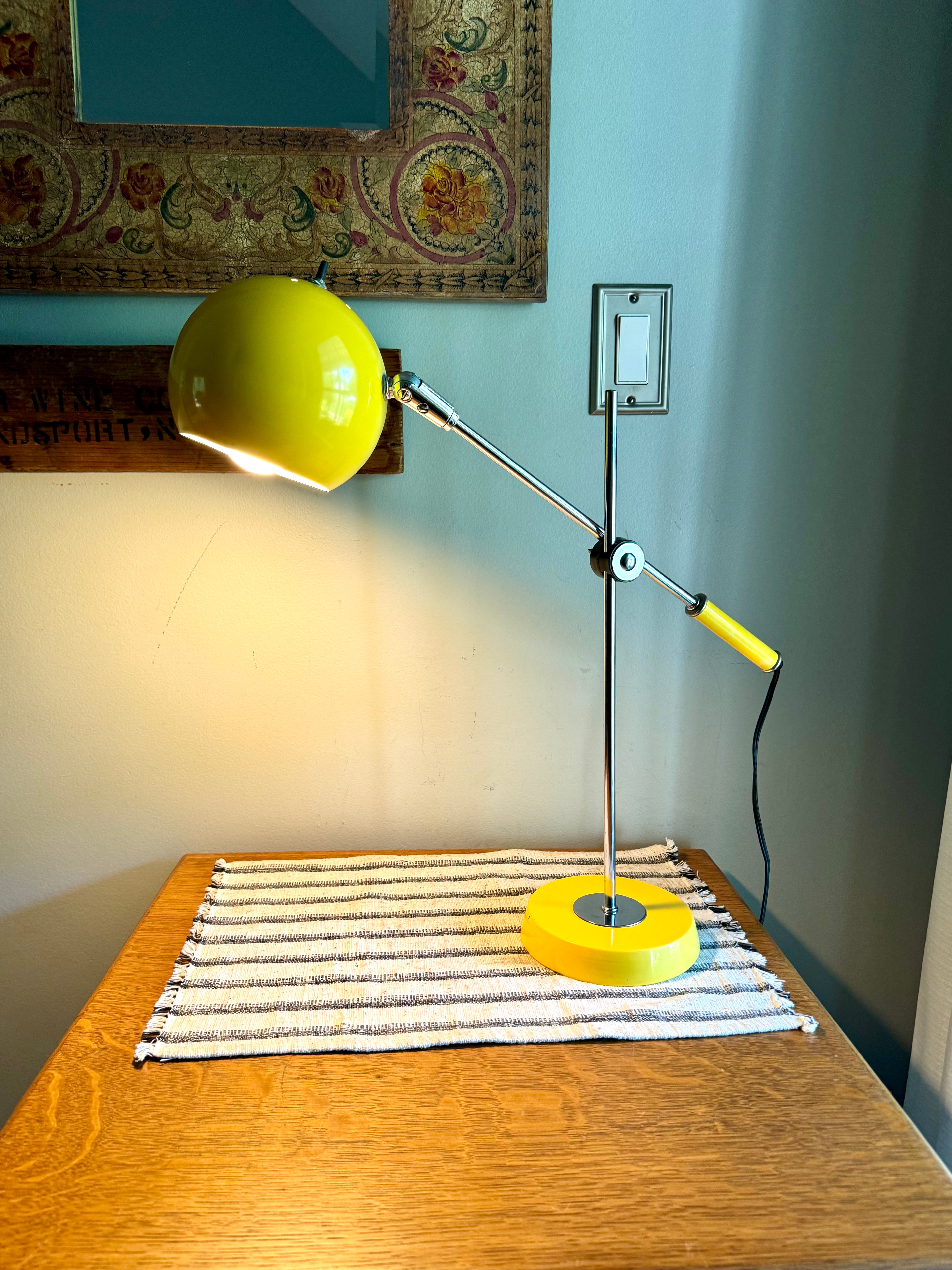 Yellow MCM Robert Sonneman Style Articulating Chrome Orb Lamp | R. Sonneman Adjustable Mid Century Modernist Table Lamp | MCM Eyeball Lamp