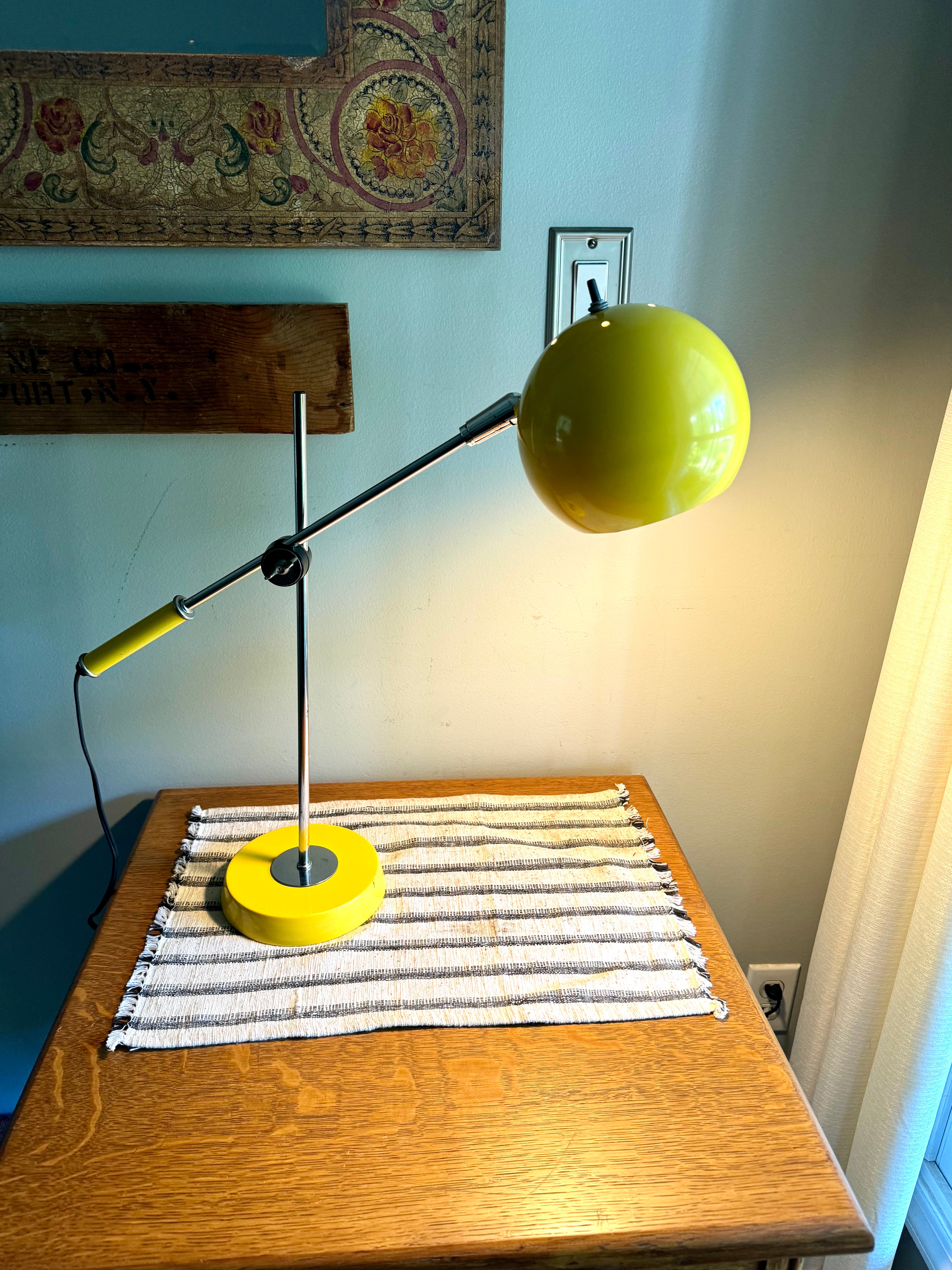Yellow MCM Robert Sonneman Style Articulating Chrome Orb Lamp | R. Sonneman Adjustable Mid Century Modernist Table Lamp | MCM Eyeball Lamp