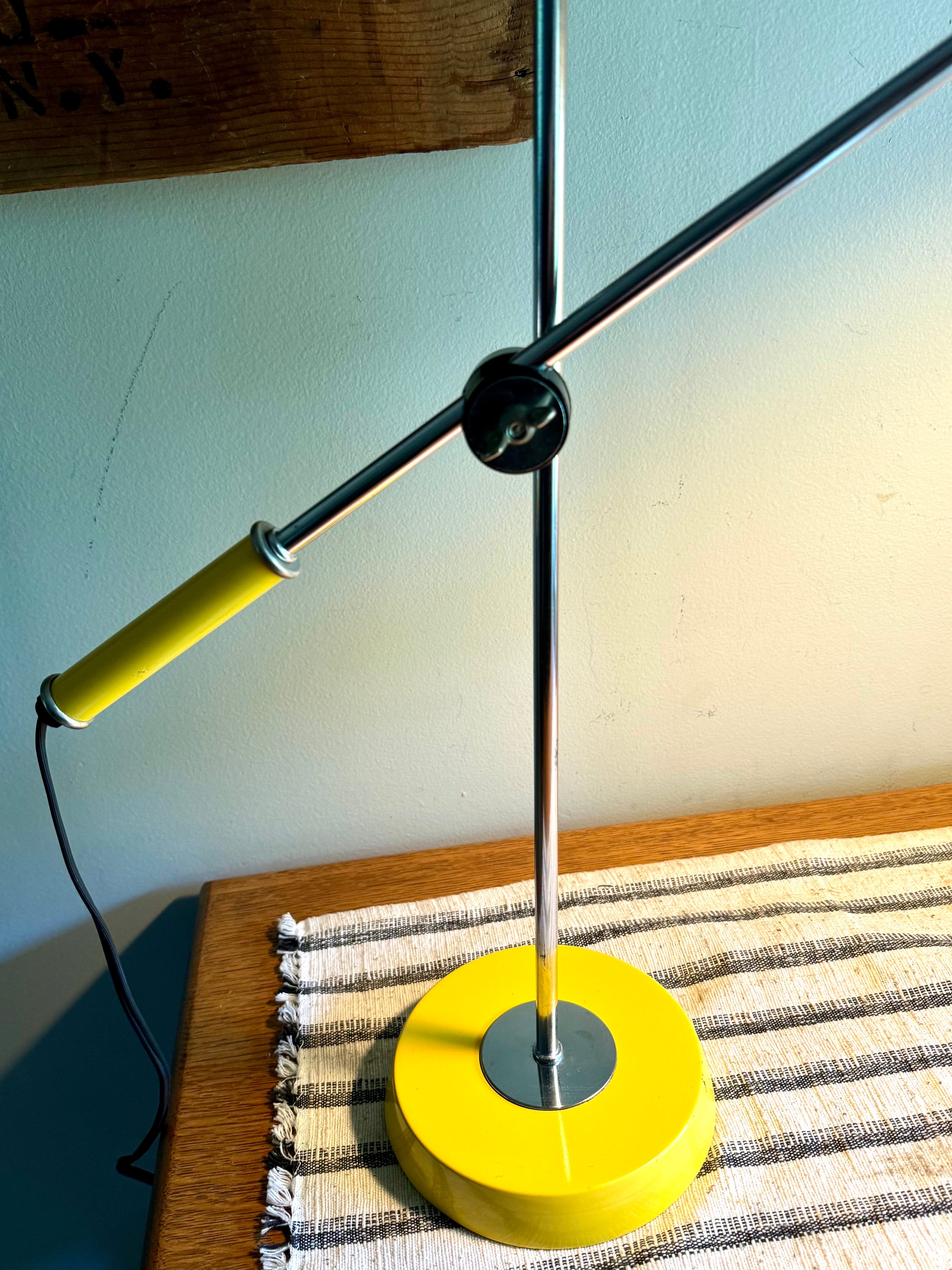 Yellow MCM Robert Sonneman Style Articulating Chrome Orb Lamp | R. Sonneman Adjustable Mid Century Modernist Table Lamp | MCM Eyeball Lamp