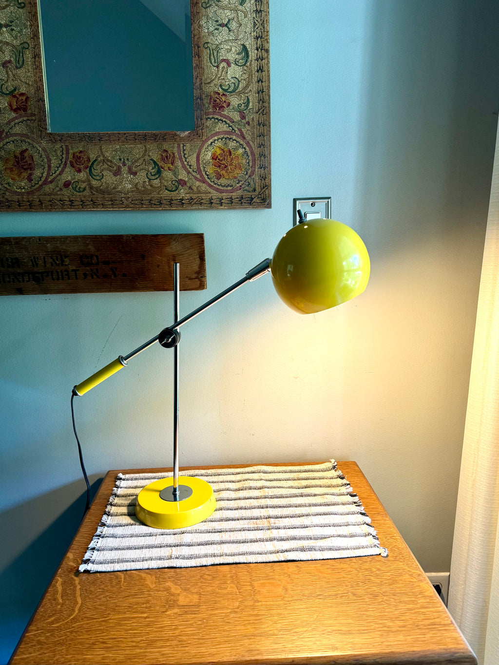 Yellow MCM Robert Sonneman Style Articulating Chrome Orb Lamp | R. Sonneman Adjustable Mid Century Modernist Table Lamp | MCM Eyeball Lamp