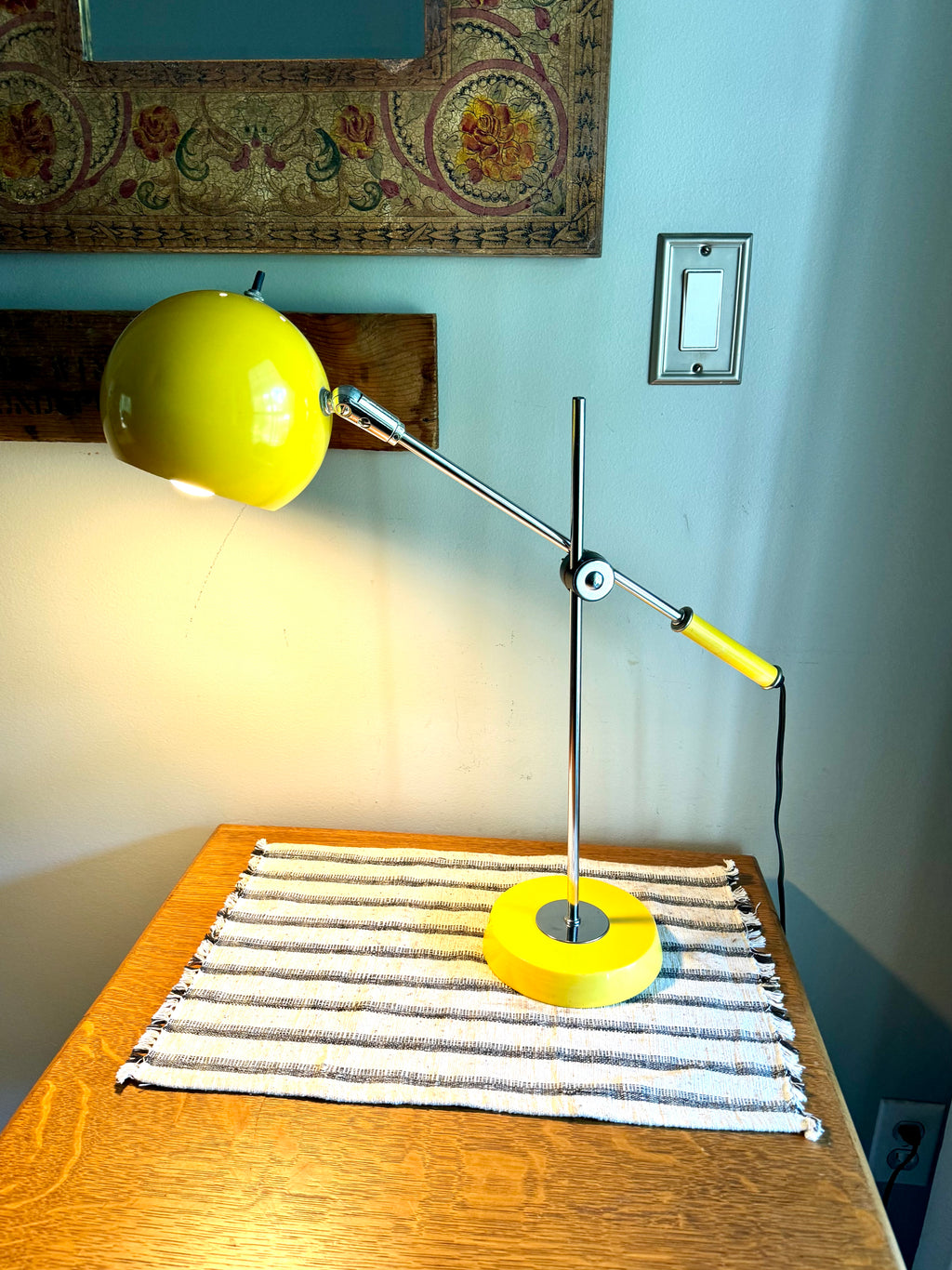Yellow MCM Robert Sonneman Style Articulating Chrome Orb Lamp | R. Sonneman Adjustable Mid Century Modernist Table Lamp | MCM Eyeball Lamp