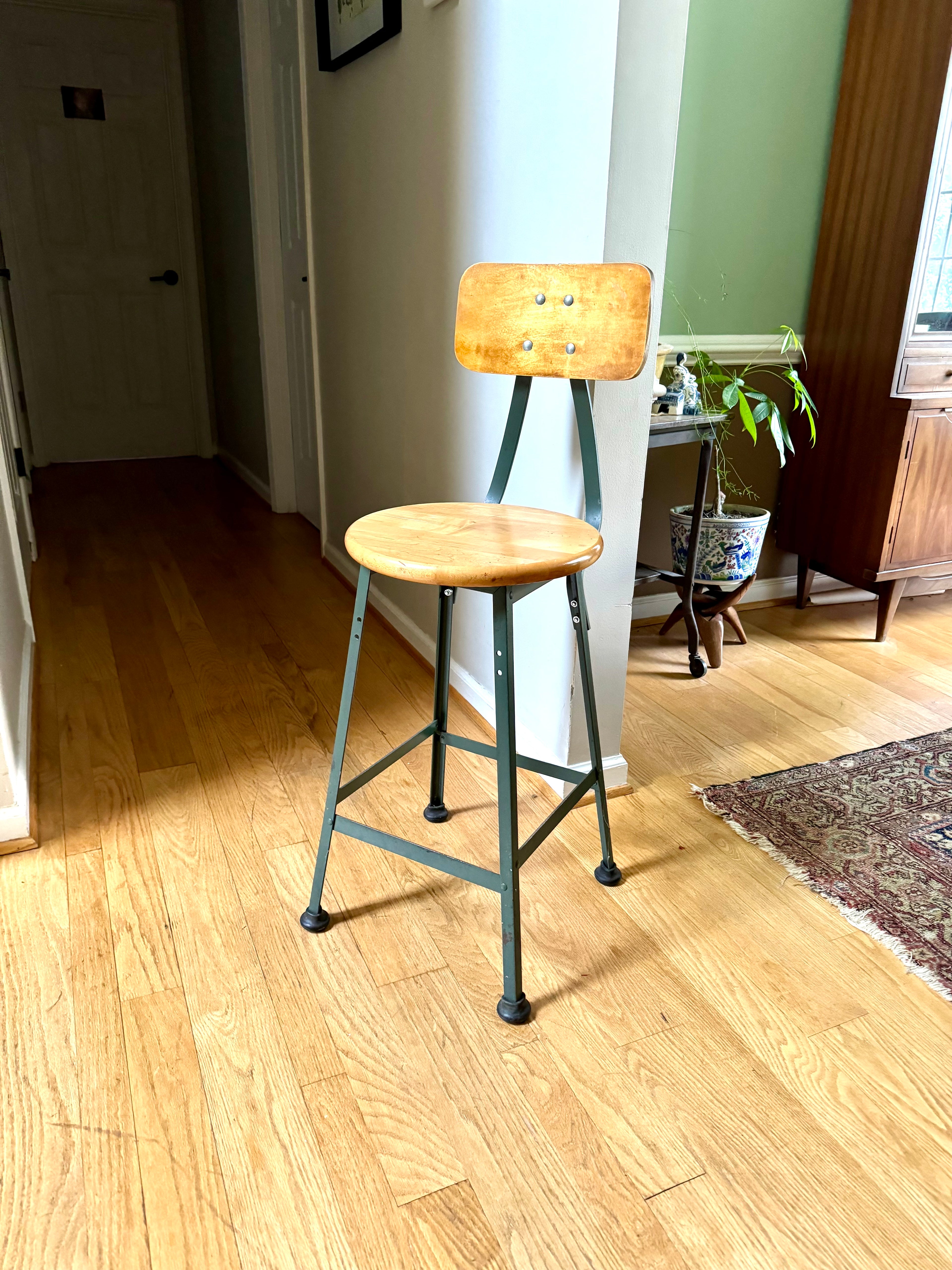 Industrial Pollard Brothers Metal Drafting Chair | Factory Fixed Height Metal Stool | Industrial Rustic Metal Chair | Round Wood Seat Stool