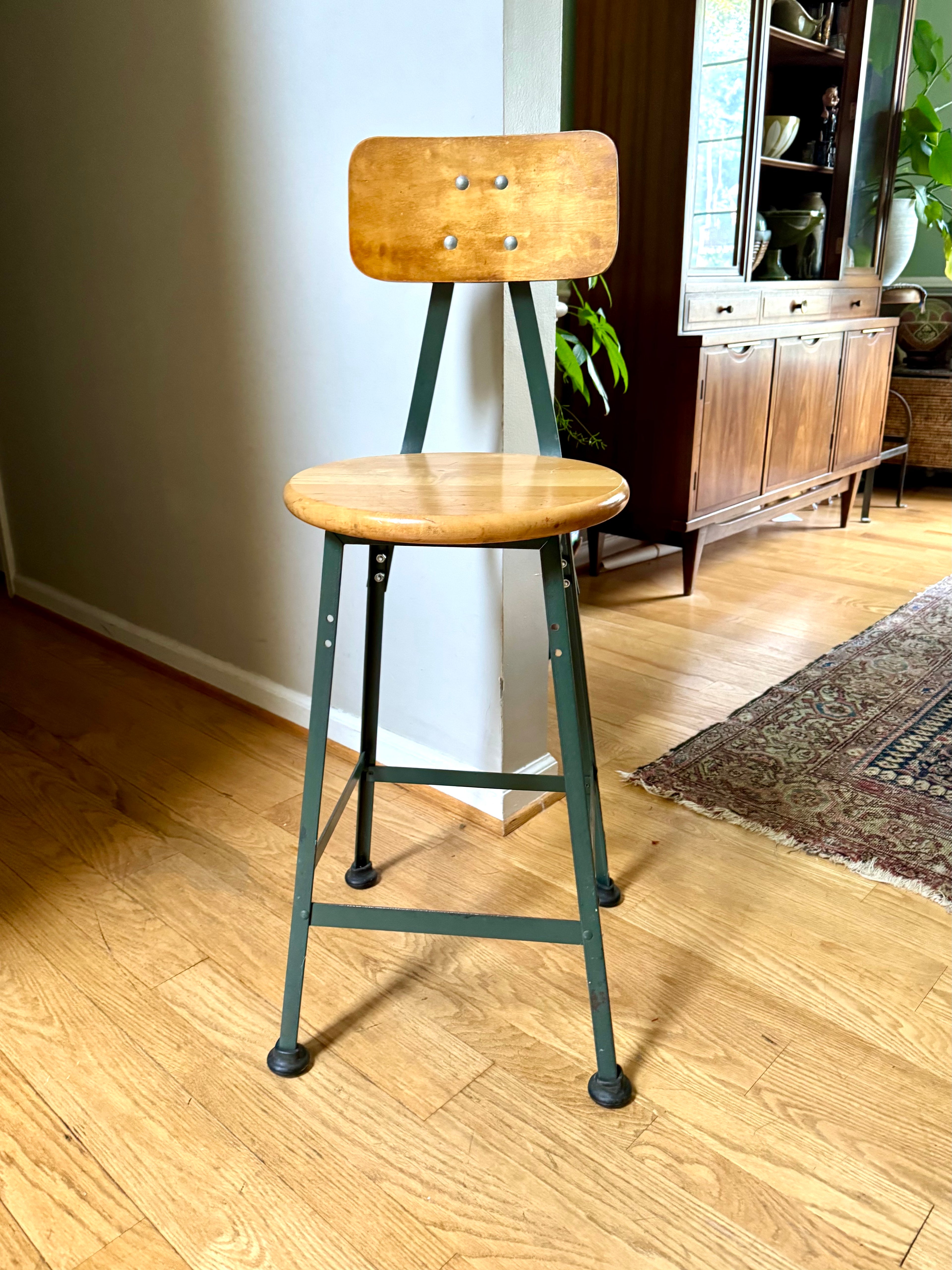 Industrial Pollard Brothers Metal Drafting Chair | Factory Fixed Height Metal Stool | Industrial Rustic Metal Chair | Round Wood Seat Stool
