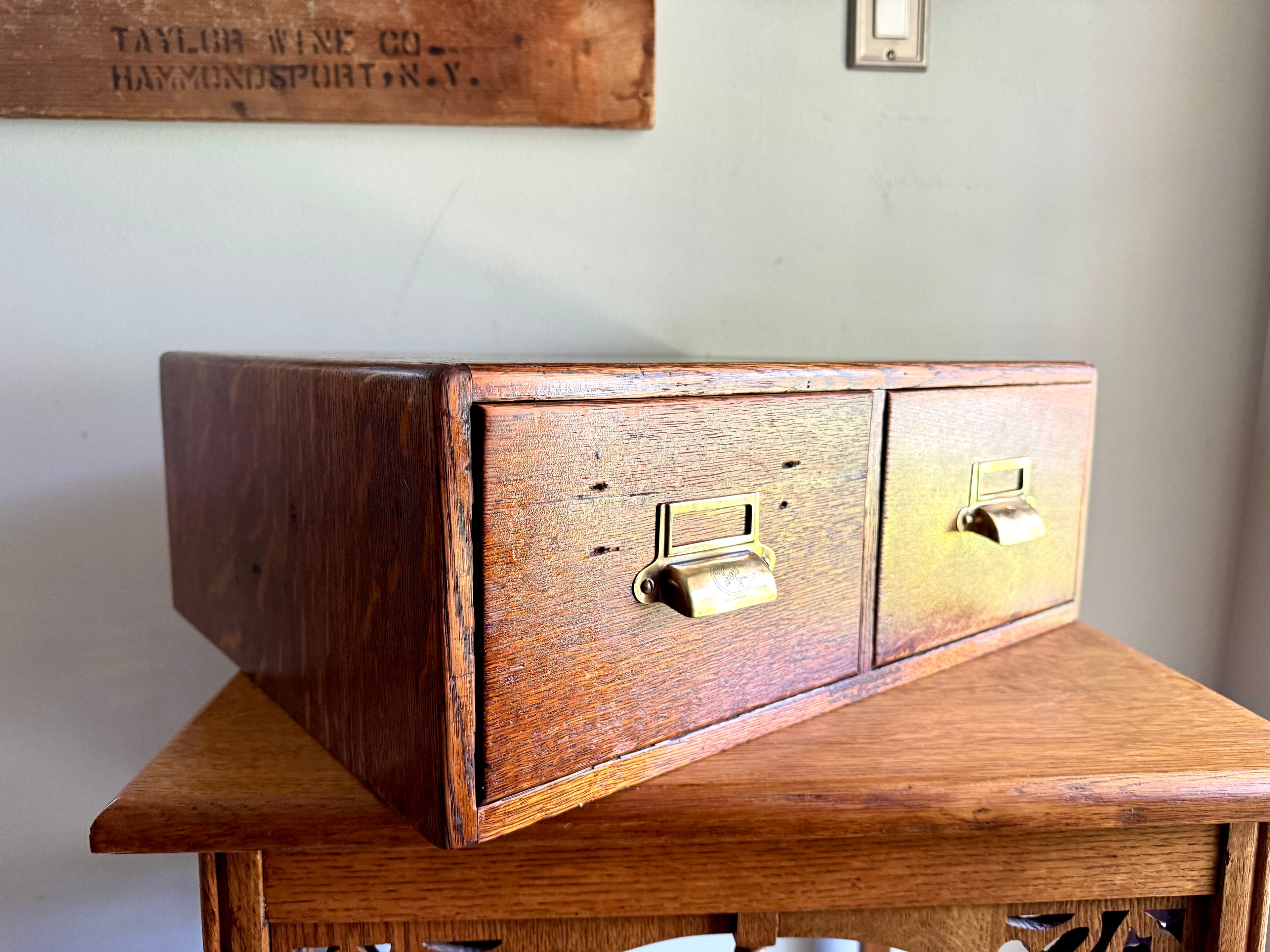 Antique Yawman & Erbe Two Drawer Tiger Oak Card Catalog ~ Dovetailed Wood Card Catalog