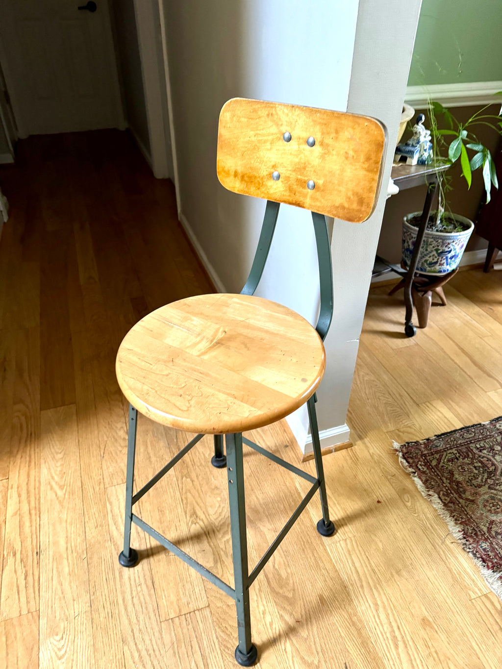 Industrial Pollard Brothers Metal Drafting Chair | Factory Fixed Height Metal Stool | Industrial Rustic Metal Chair | Round Wood Seat Stool