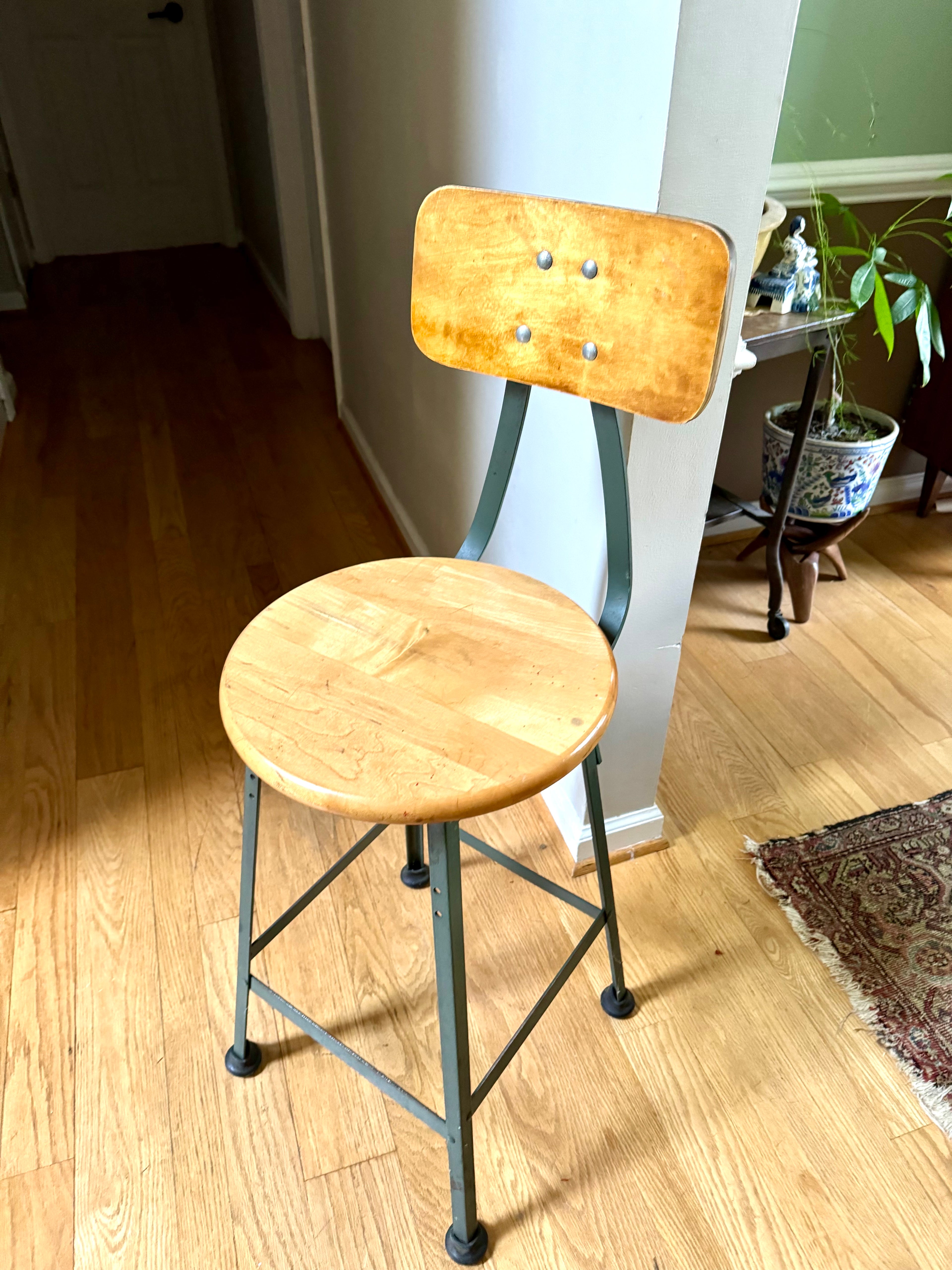Industrial Pollard Brothers Metal Drafting Chair | Factory Fixed Height Metal Stool | Industrial Rustic Metal Chair | Round Wood Seat Stool