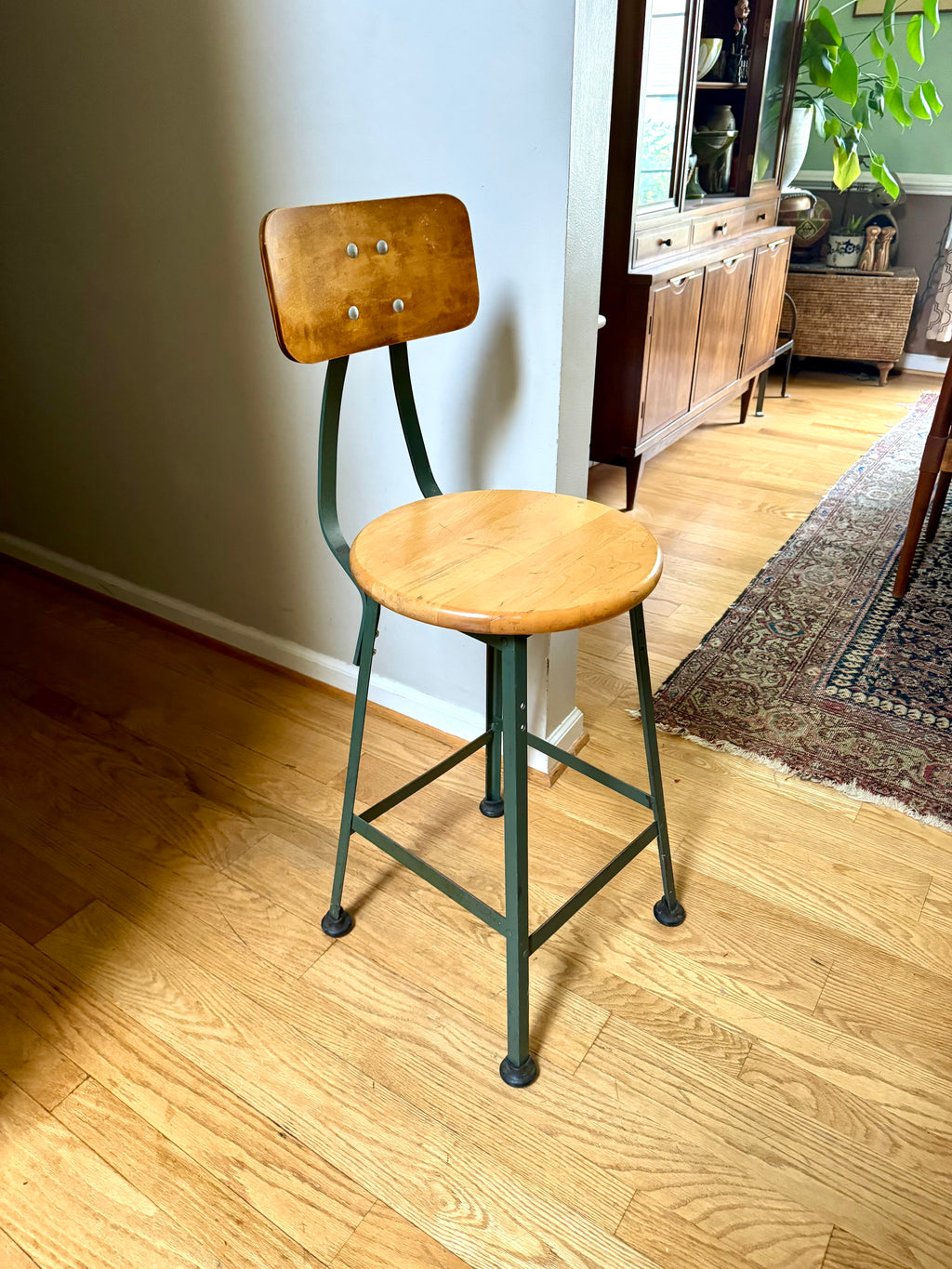 Industrial Pollard Brothers Metal Drafting Chair | Factory Fixed Height Metal Stool | Industrial Rustic Metal Chair | Round Wood Seat Stool