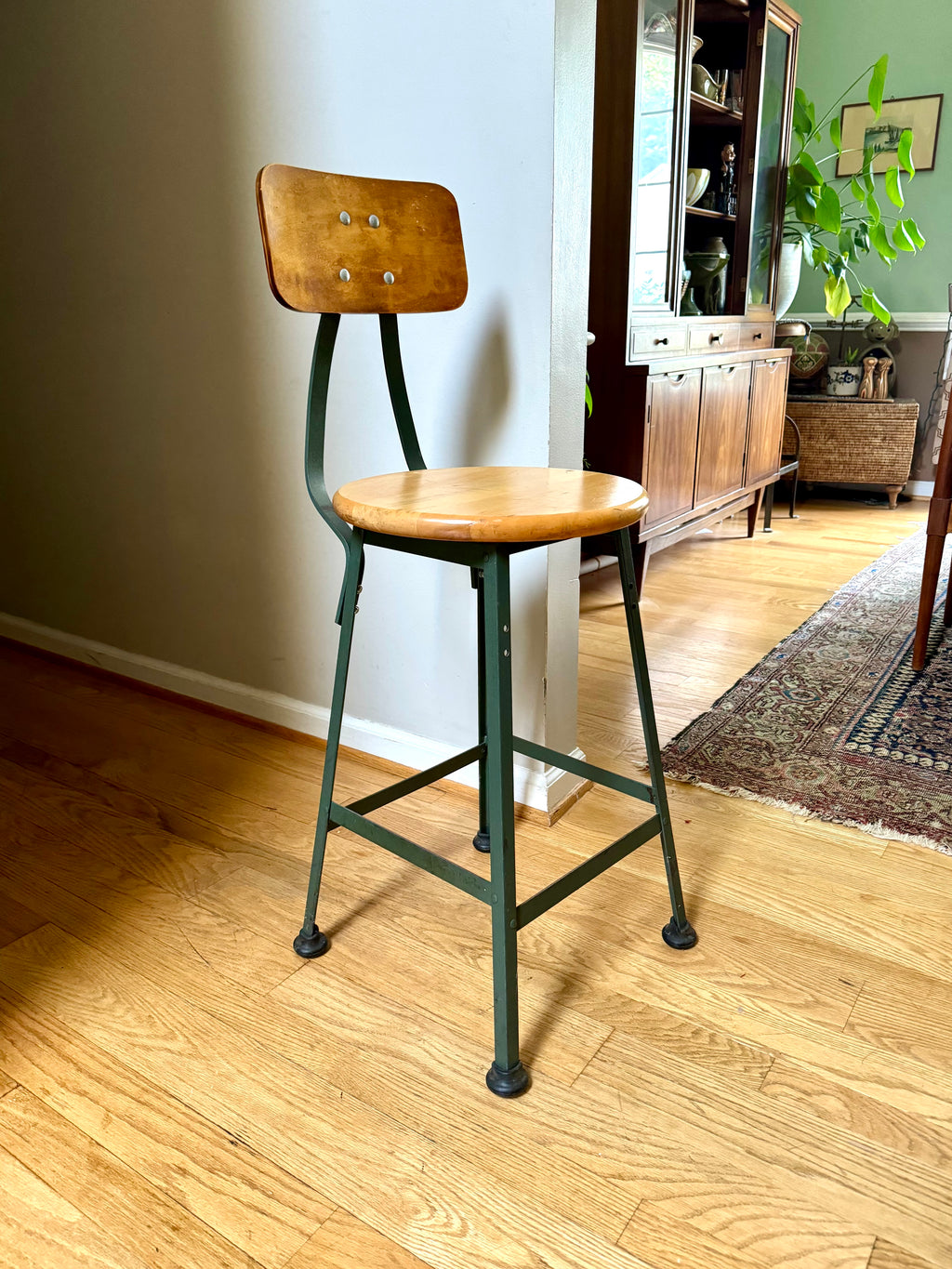 Industrial Pollard Brothers Metal Drafting Chair | Factory Fixed Height Metal Stool | Industrial Rustic Metal Chair | Round Wood Seat Stool