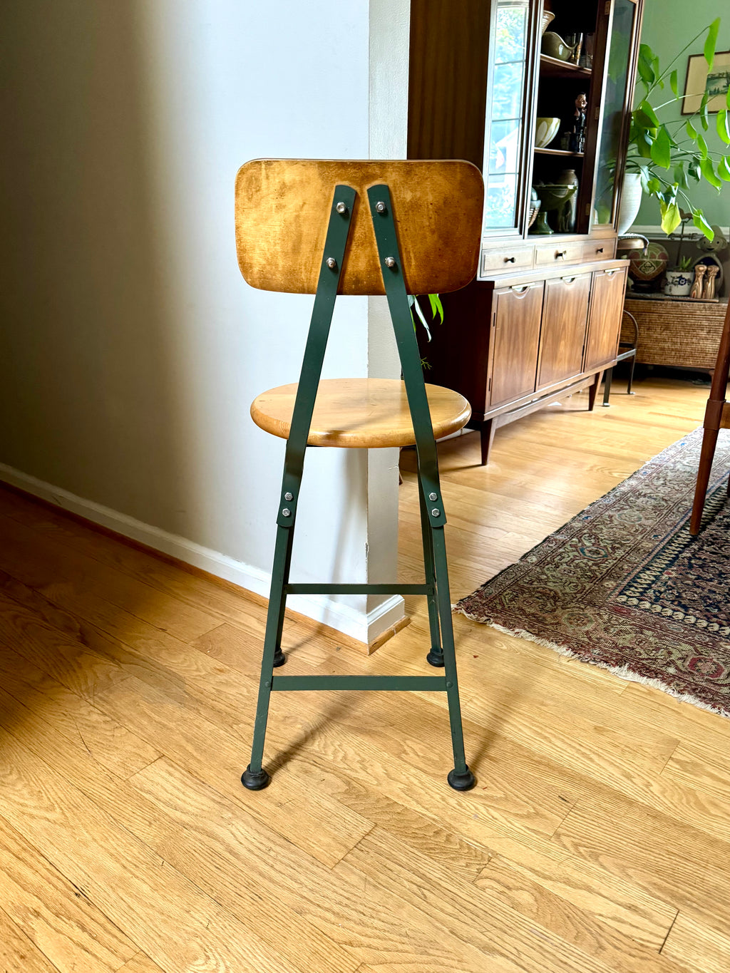 Industrial Pollard Brothers Metal Drafting Chair | Factory Fixed Height Metal Stool | Industrial Rustic Metal Chair | Round Wood Seat Stool